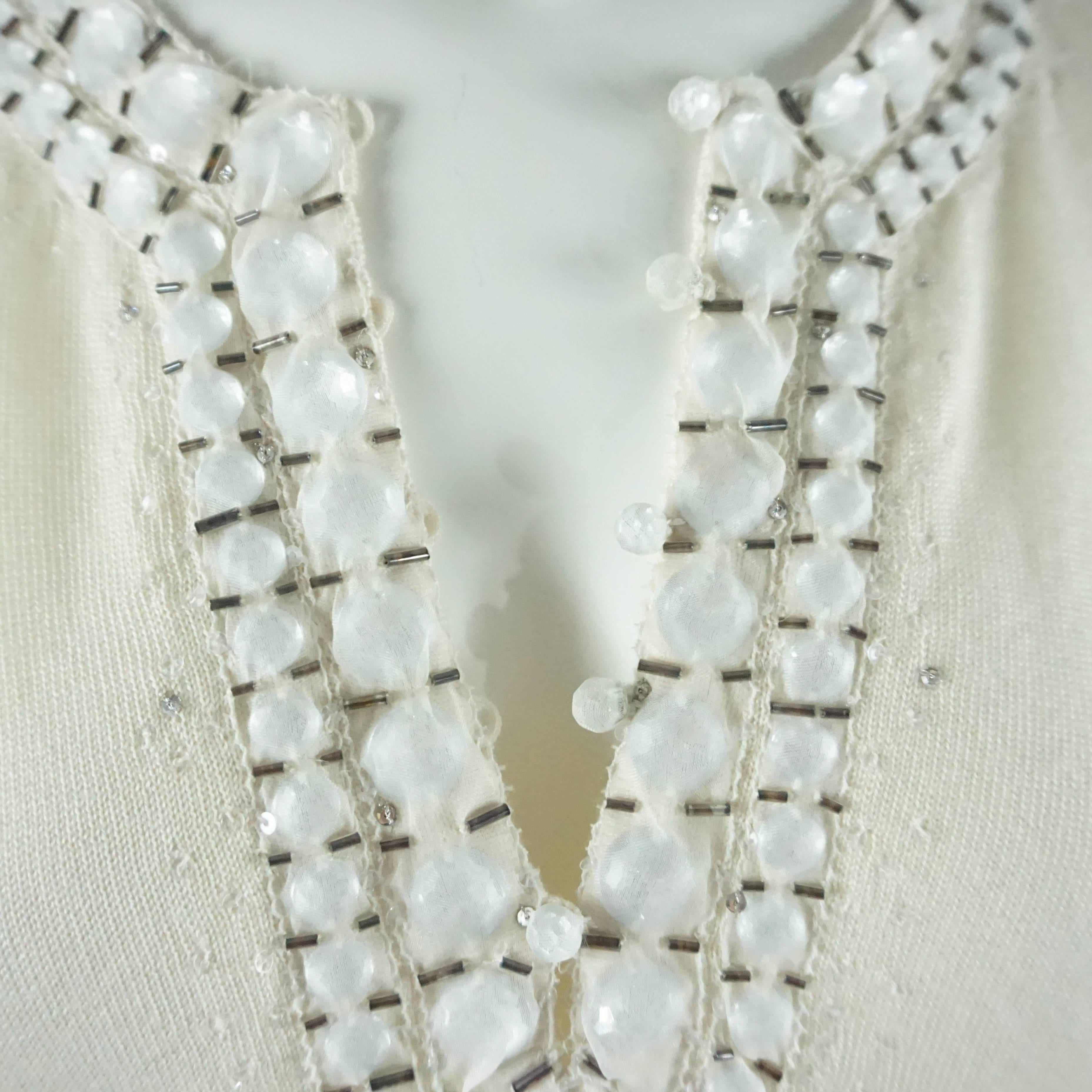 Women's Oscar de la Renta Ivory Cashmere/Silk Sweater with Stones - L