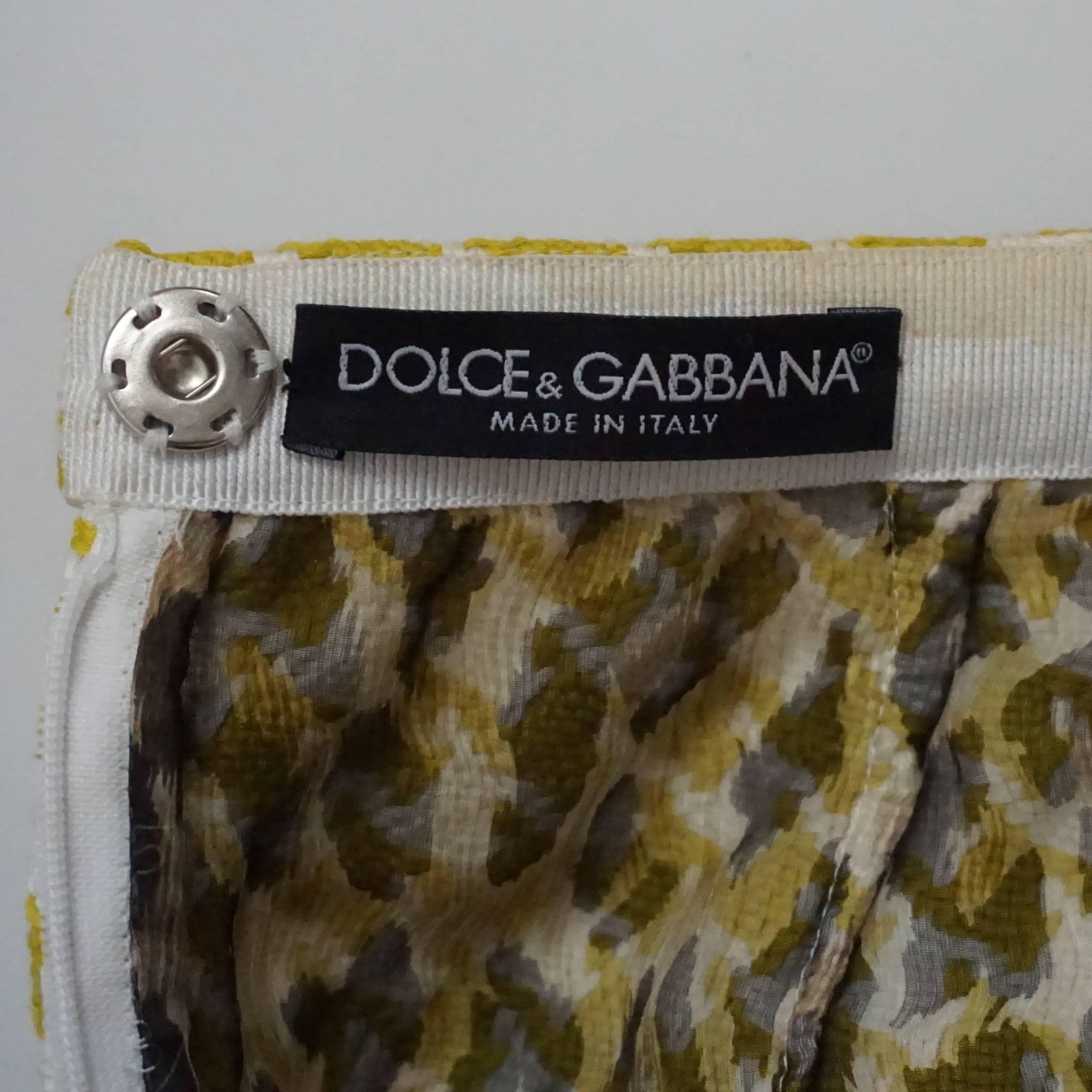 Beige Dolce & Gabbana Yellow and White Houndstooth Skirt with Rhinestones - 38