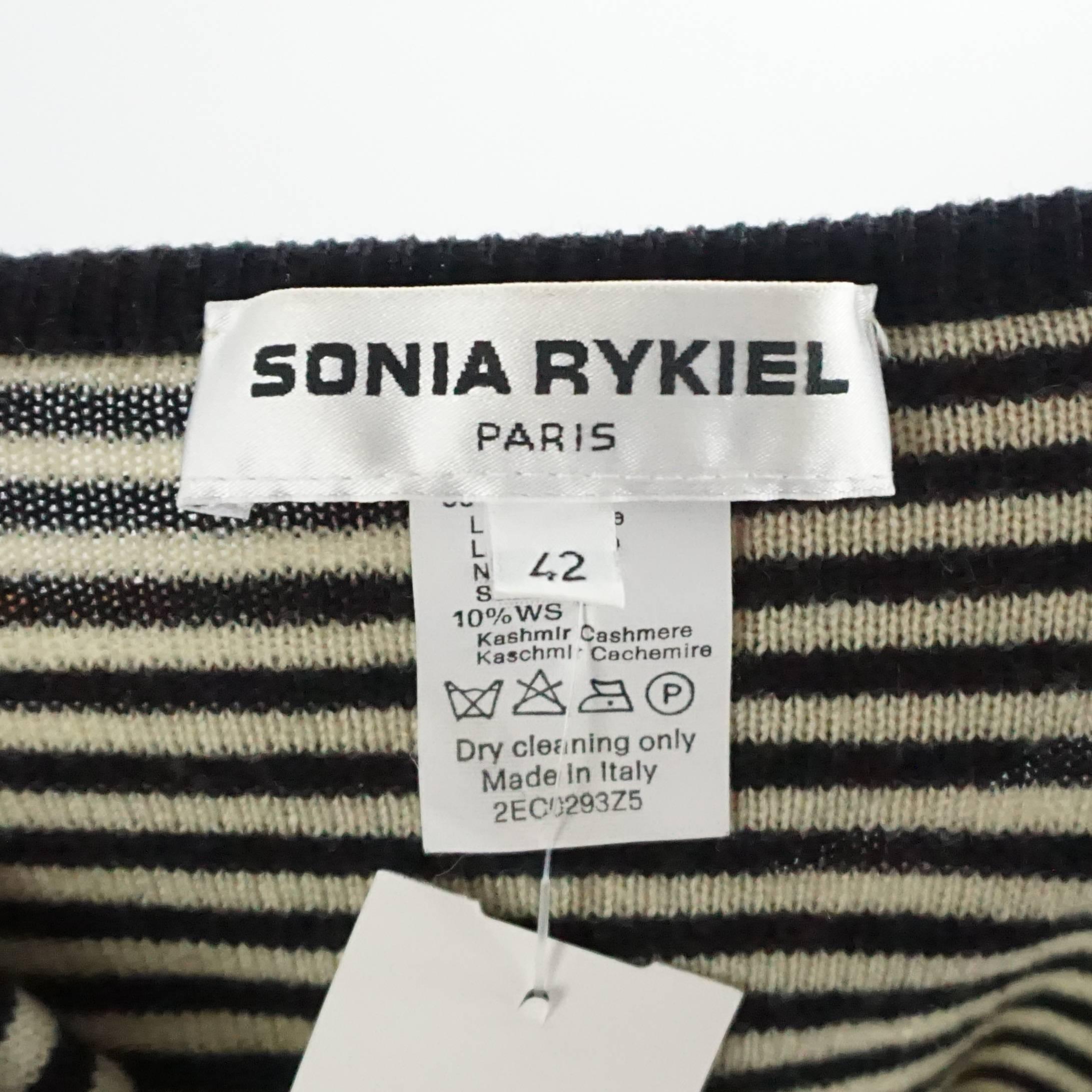 Women's Sonia Rykiel Black and Tan Striped Cashmere Ruffle Sweater - 42 - 1990's 
