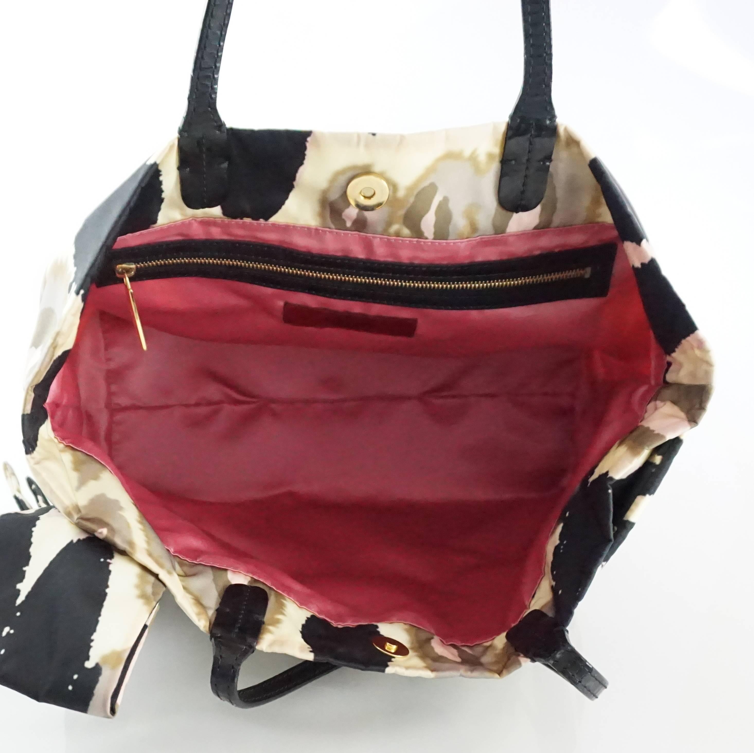 Valentino Tan, Black, and Pink Print Nylon Bow Tote In Excellent Condition In West Palm Beach, FL
