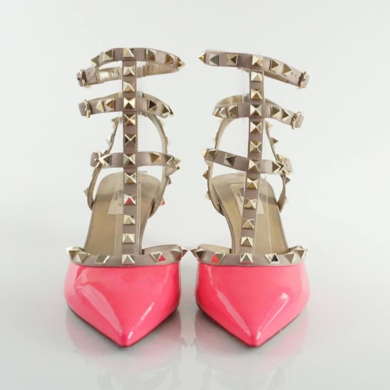 Valentino Neon Pink Patent and Taupe Rock Stud Kitten Heel Shoes - 37 ...