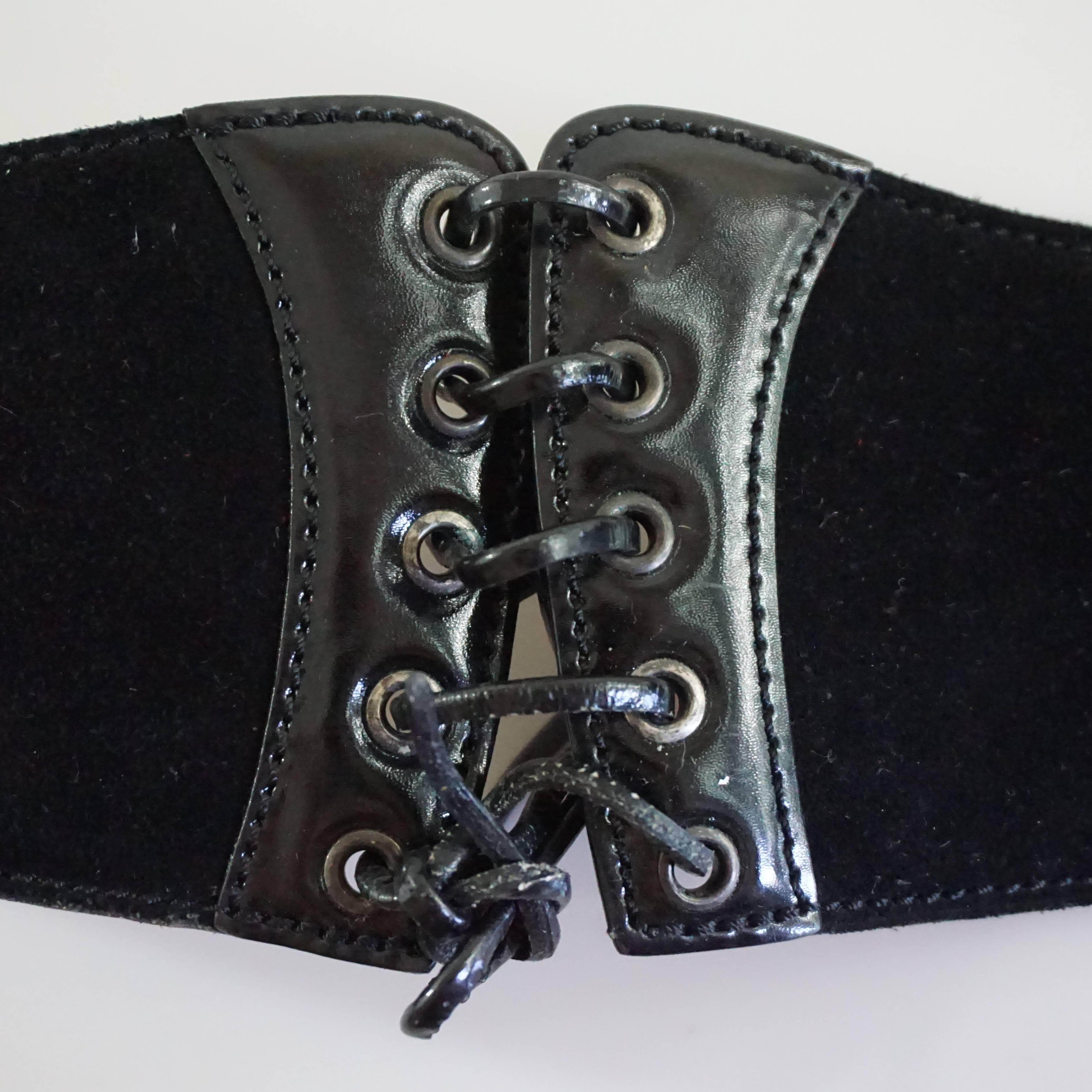 Alaia Black Suede and Patent Lace-Up Belt - 75 5