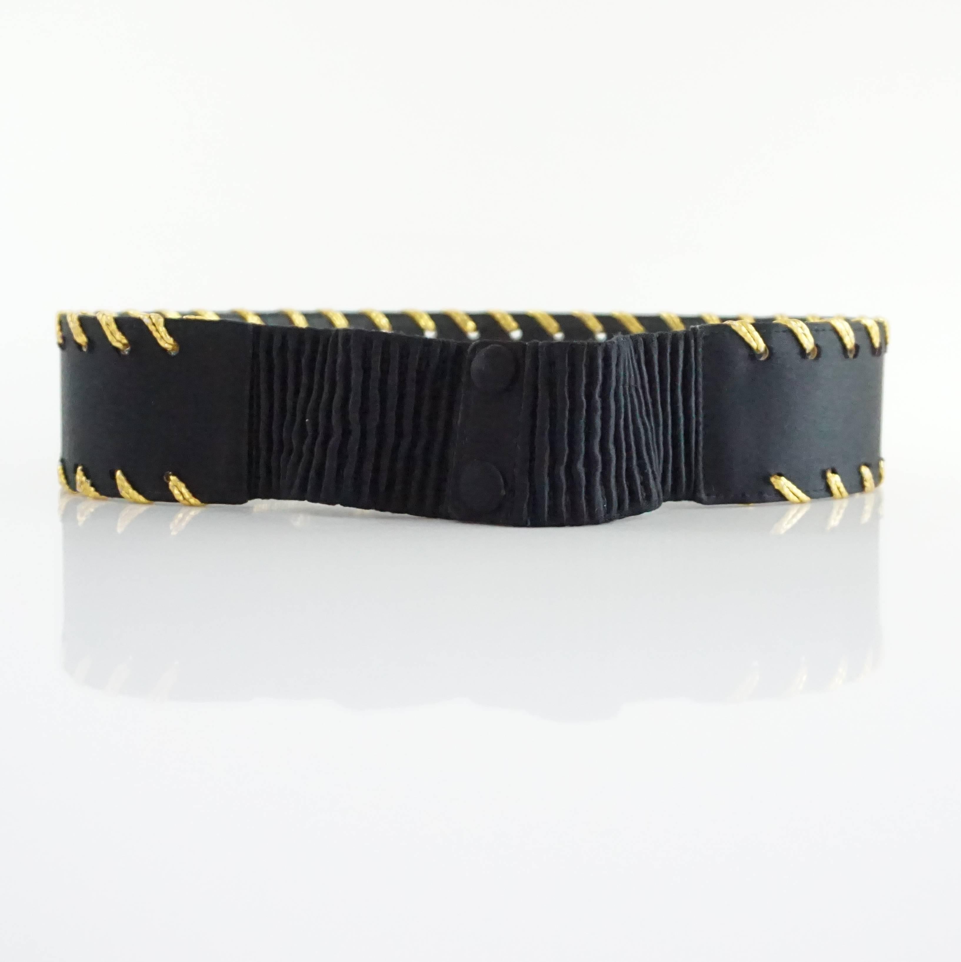 Valentino Black Satin Belt with Gold Woven Trim - 70 - 1980's  In Excellent Condition In West Palm Beach, FL