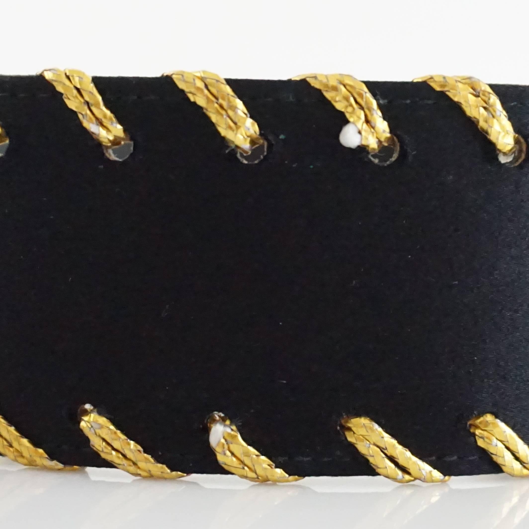 Women's Valentino Black Satin Belt with Gold Woven Trim - 70 - 1980's 