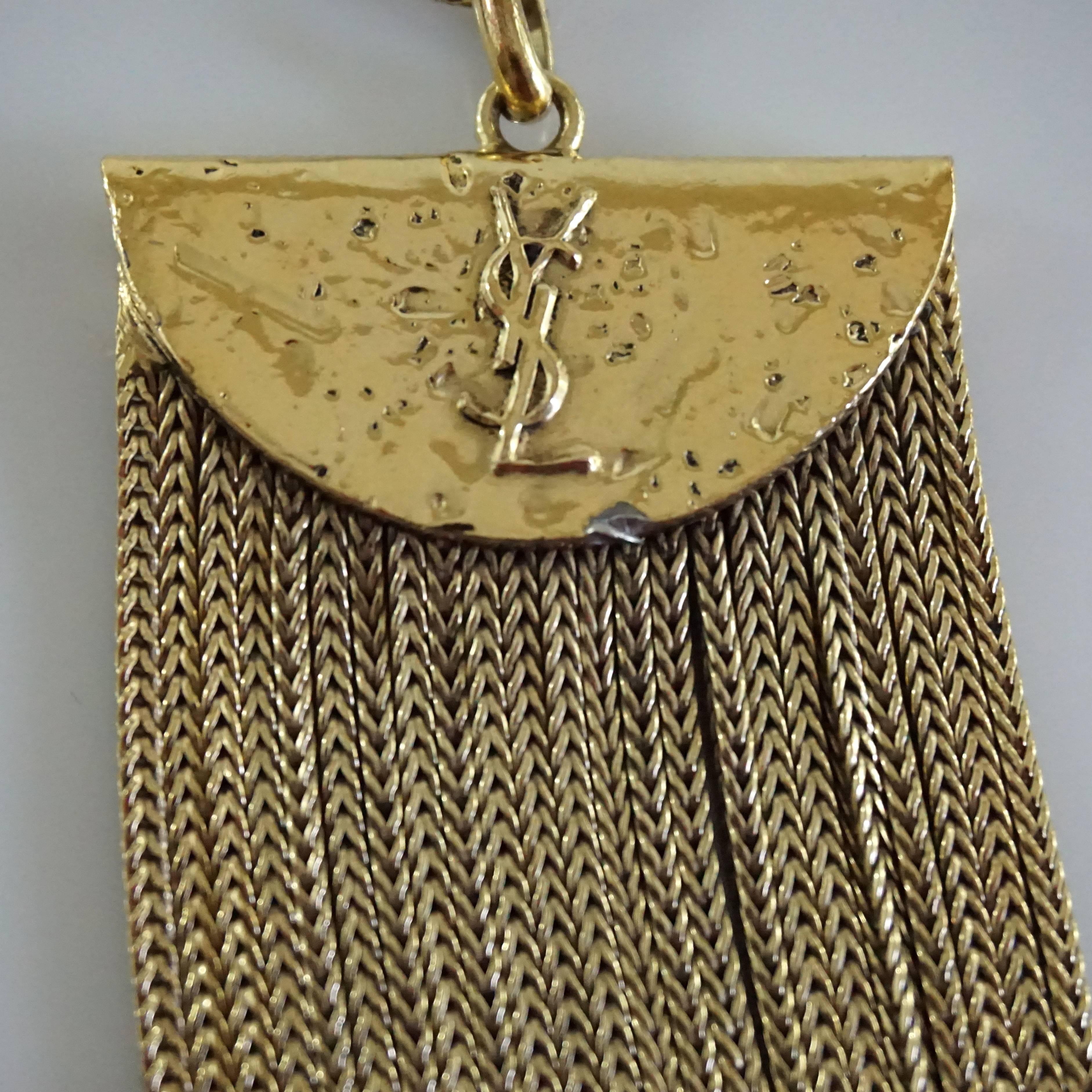 Yves Saint Laurent Golden Brass Fringe Pendant Long Necklace In Excellent Condition In West Palm Beach, FL
