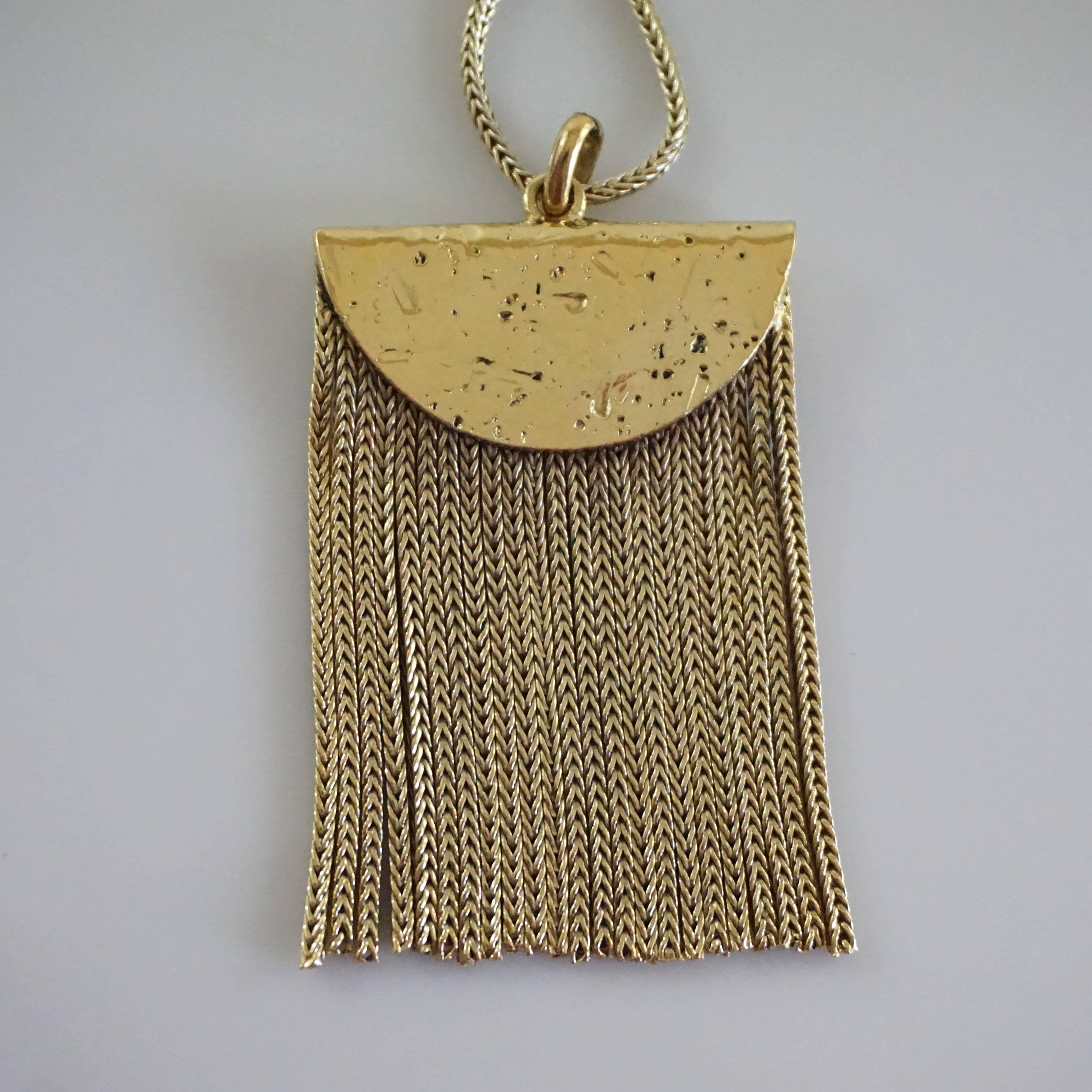Yves Saint Laurent Golden Brass Fringe Pendant Long Necklace 1