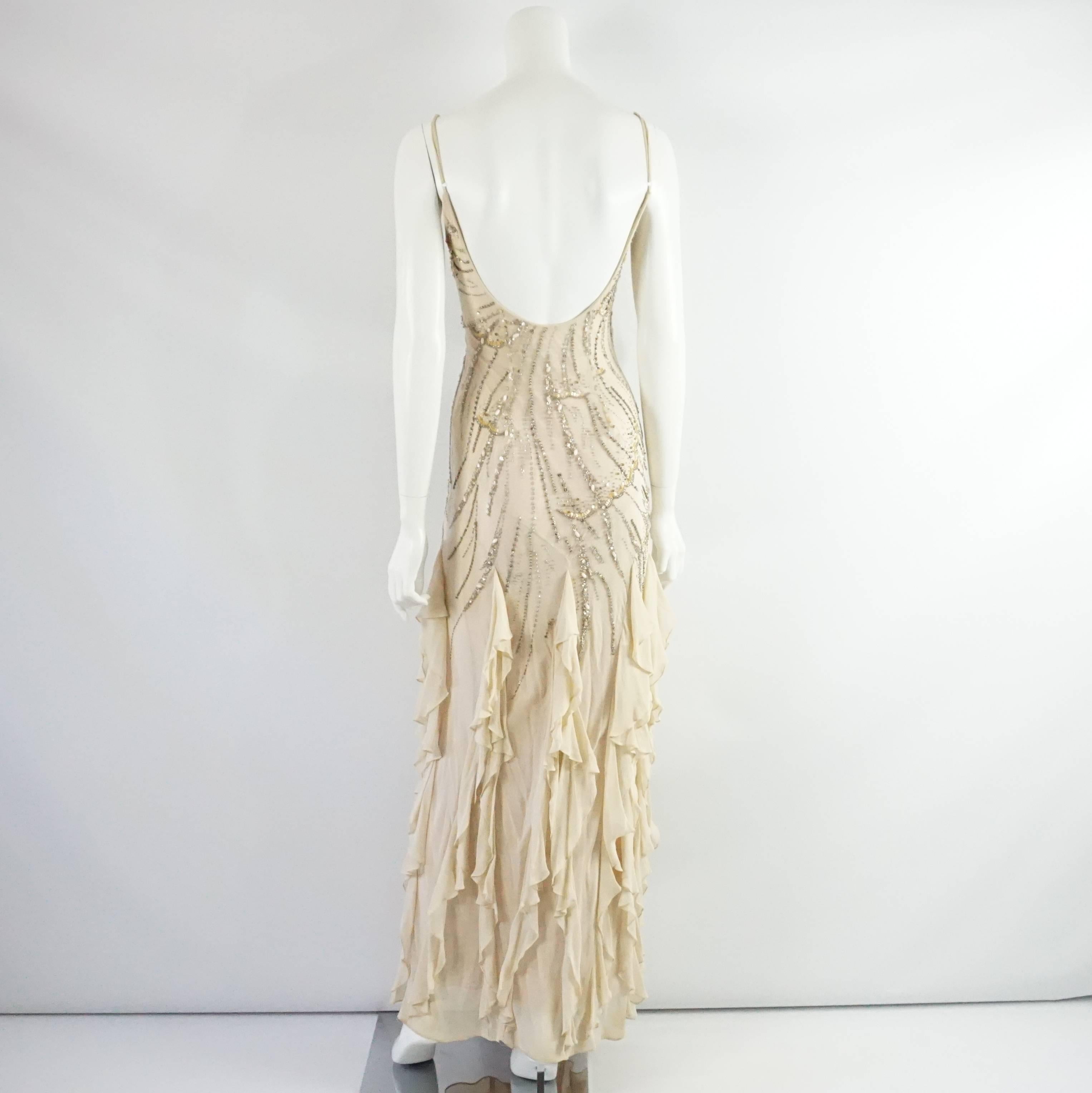 Beige Valentino Blush Silk Beaded Gown with Bottom Ruffles – S