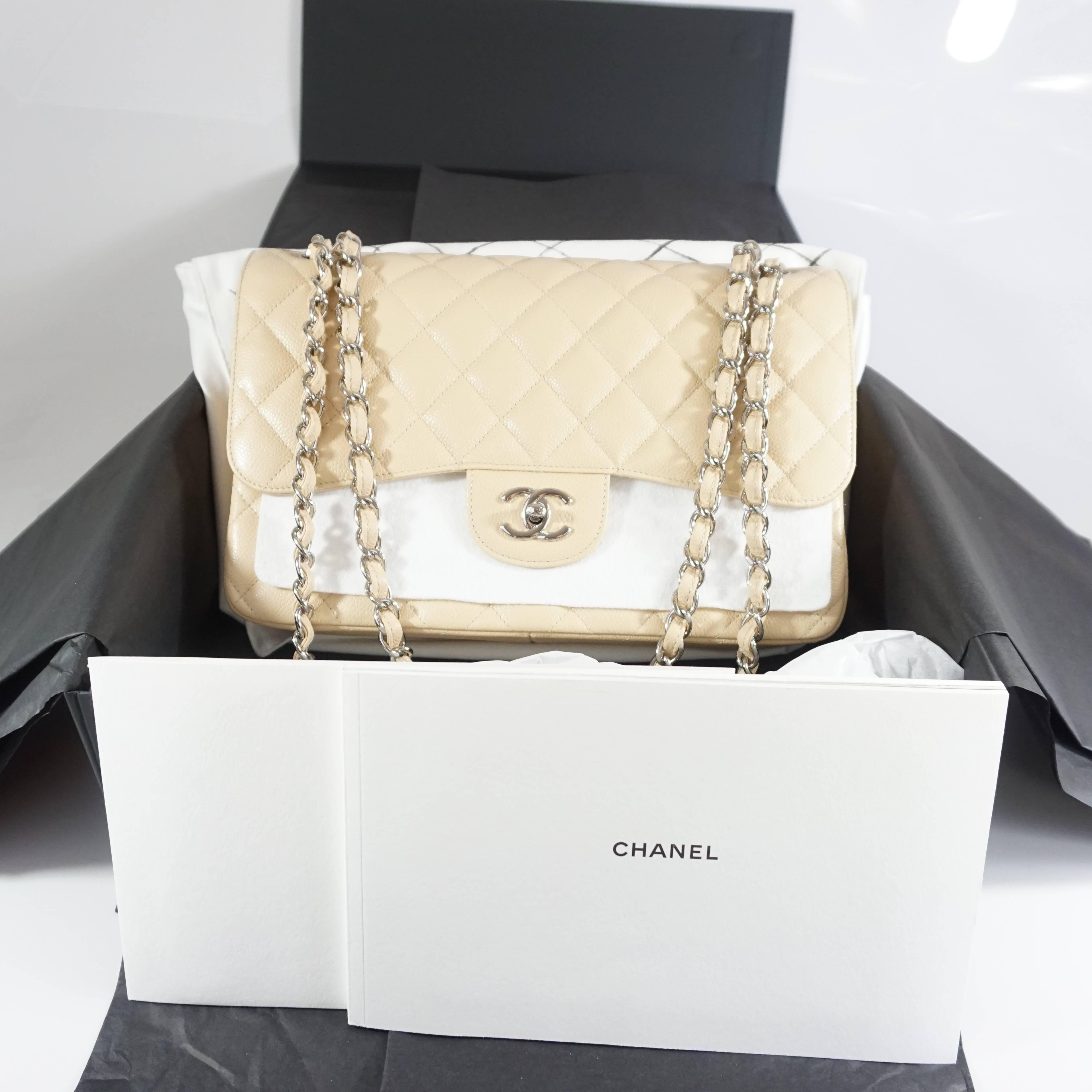 Chanel Beige Caviar Jumbo Classic Double Flap Handbag - 2015 4