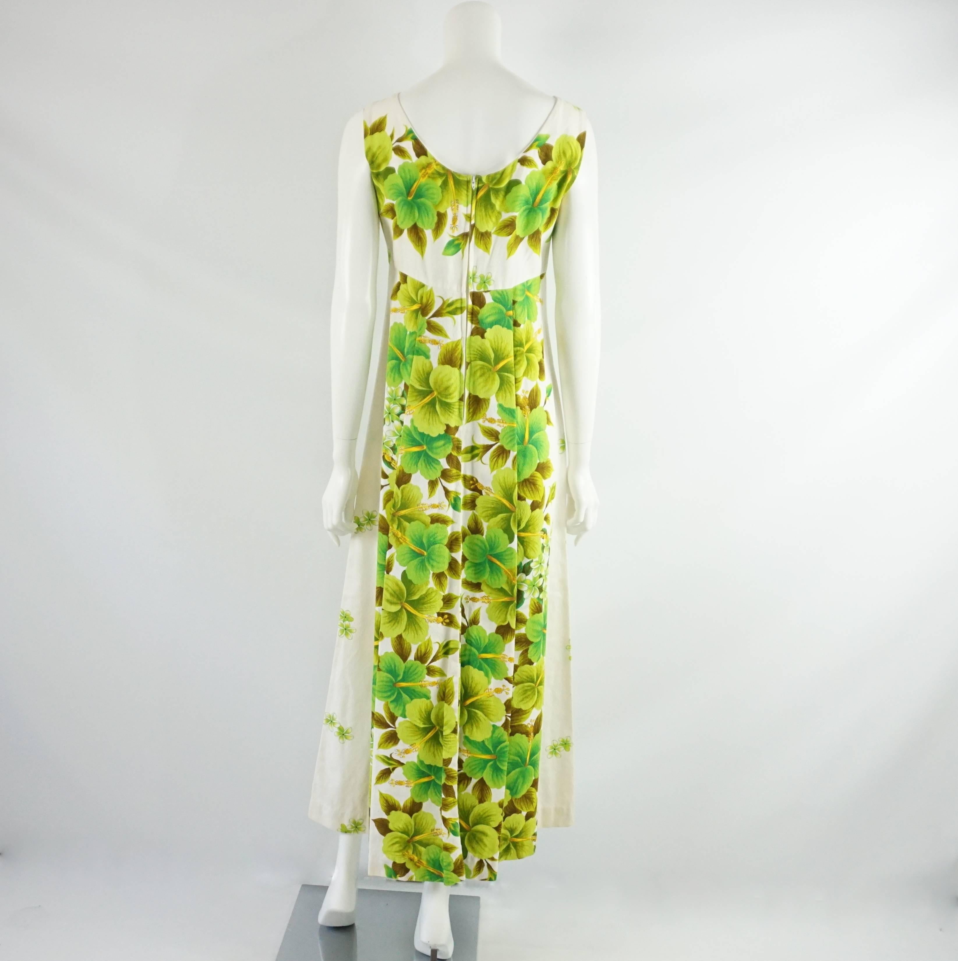 Green Vintage Hawaiian Flower Print Maxi Dress - 6 - 1950's