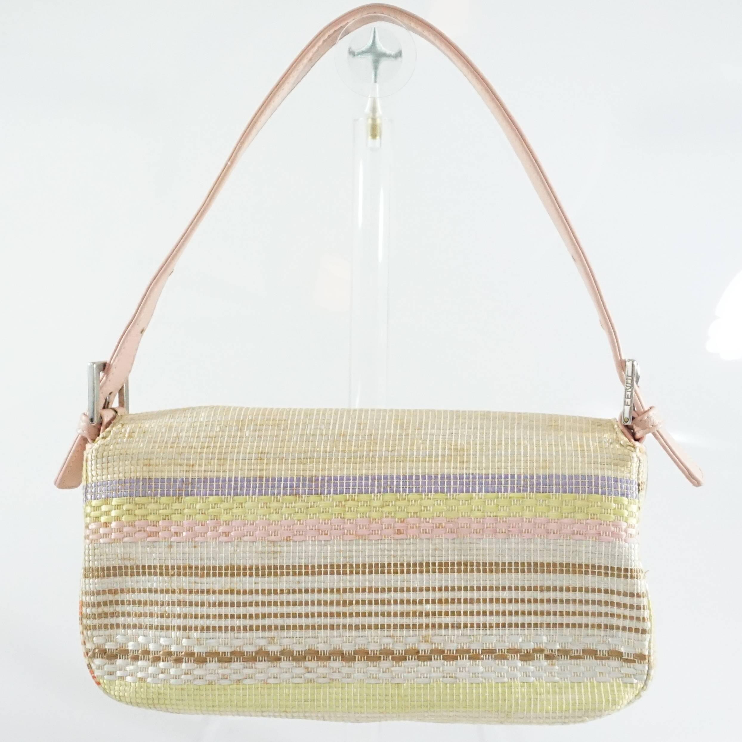 White Fendi Cream Handbag with Pastel Stripes and Pink Handle - SHW