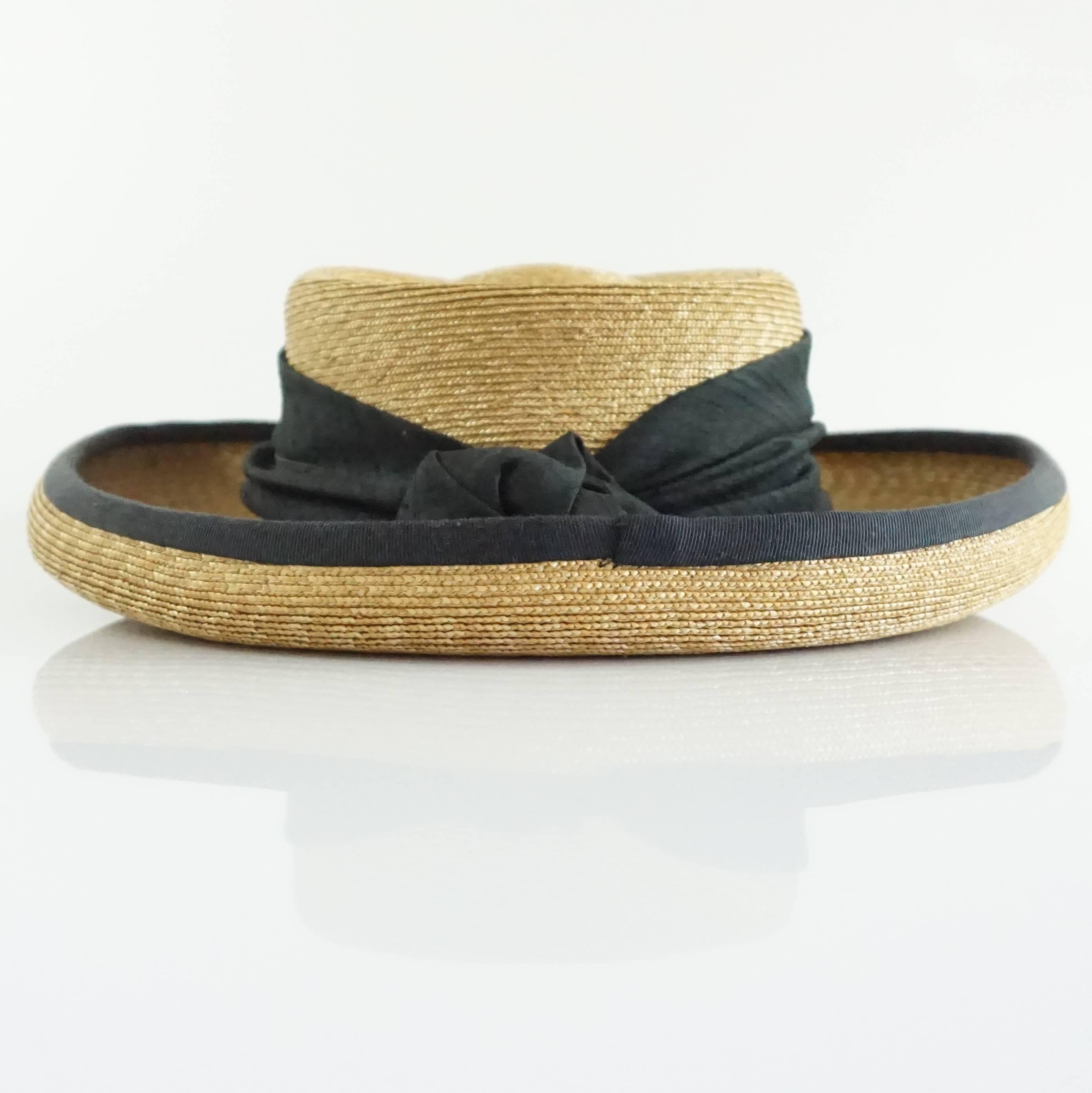 Suzanne Couture Millinery Beige with Black Straw Hat In Excellent Condition In West Palm Beach, FL