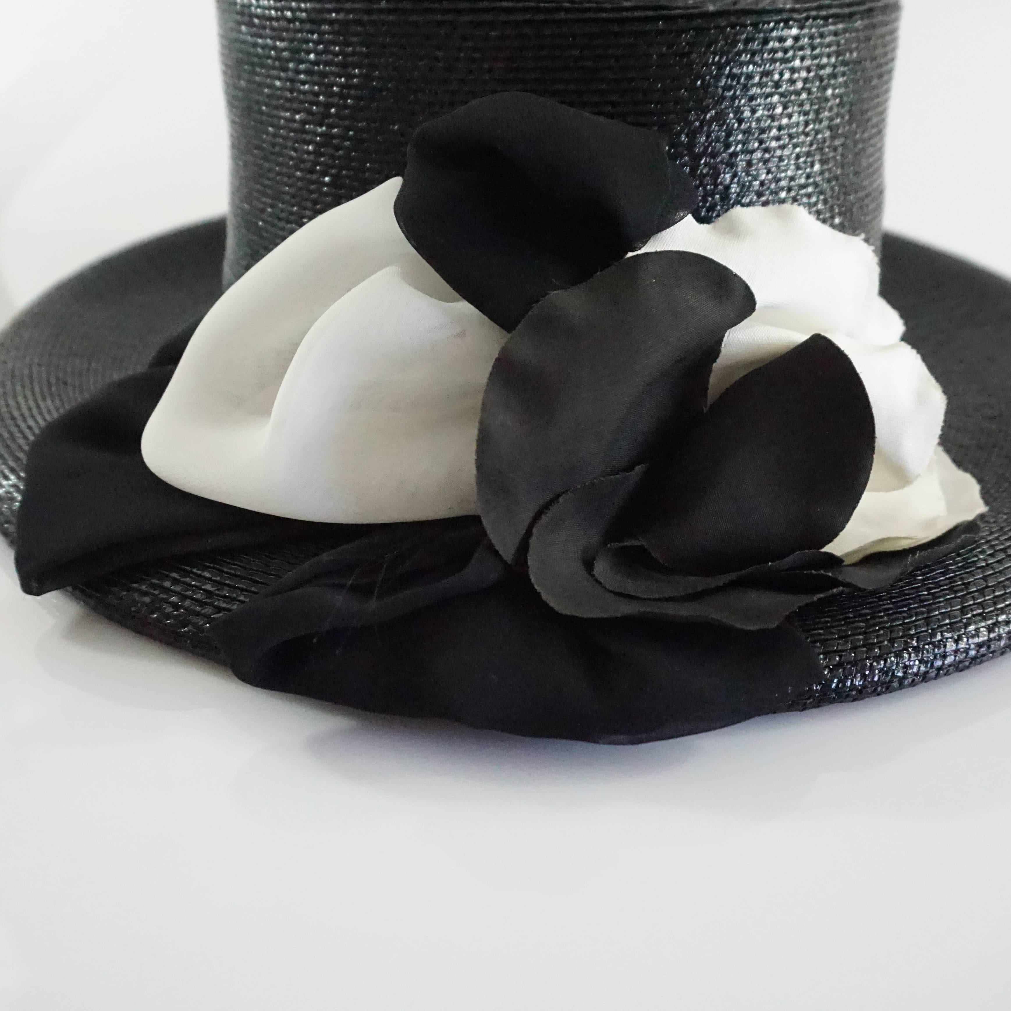 Suzanne Couture Millinery Black Gloss Straw Hat with Silk Flower 2