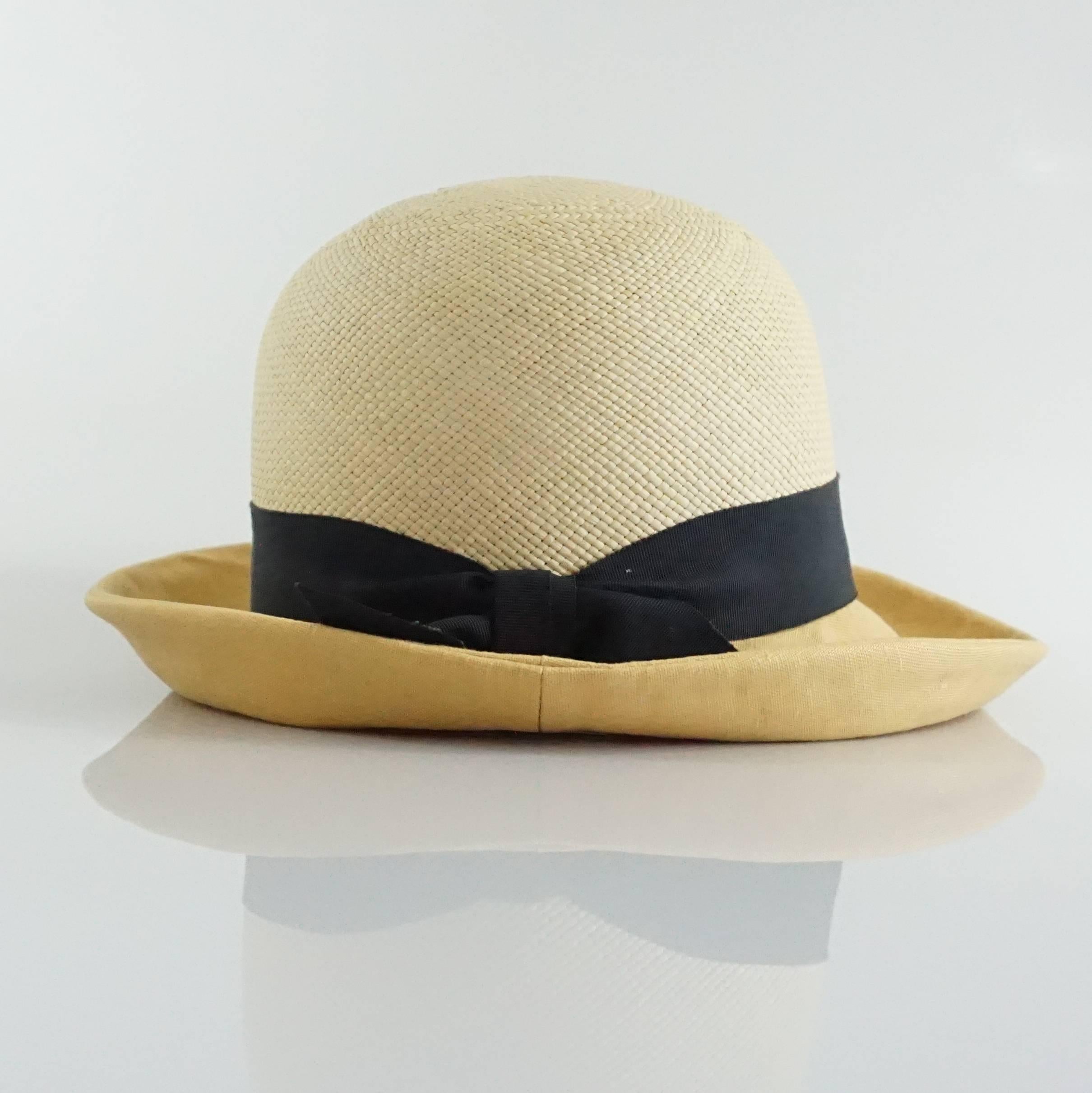 Suzanne Couture Beige Straw & Linen Hat w/ black ribbon In Excellent Condition In West Palm Beach, FL