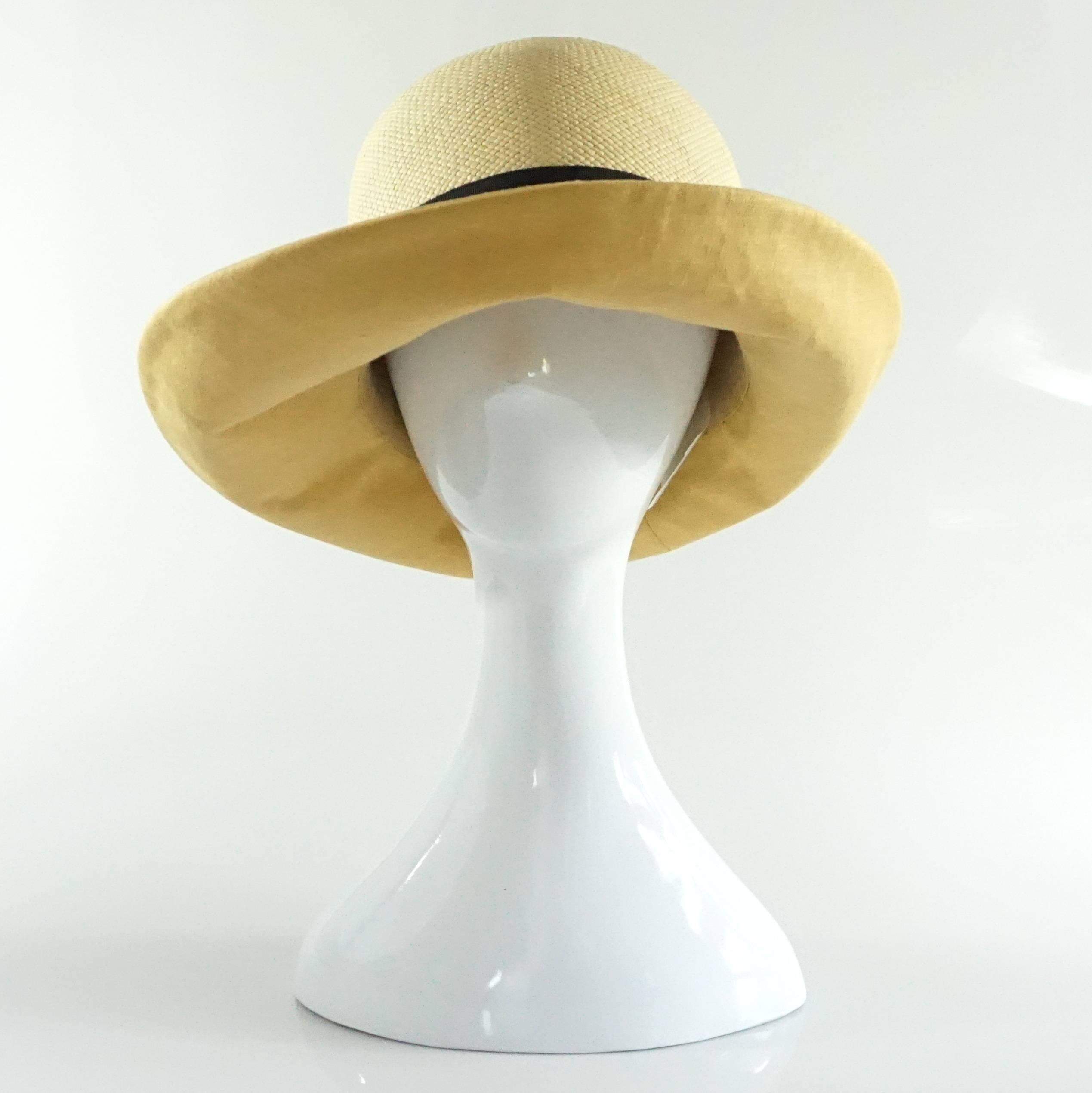 Suzanne Couture Beige Straw & Linen Hat w/ black ribbon 2
