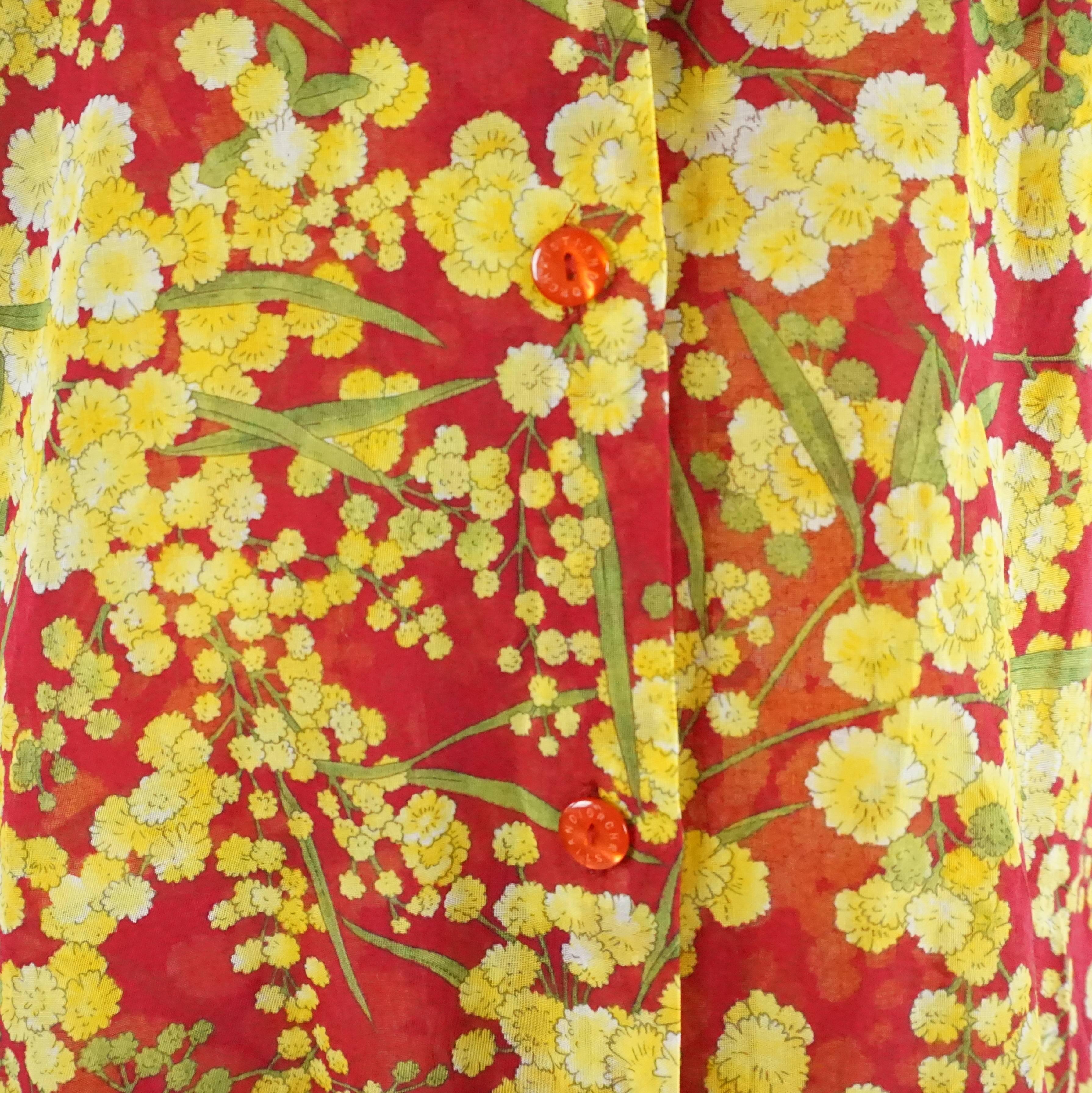 Christian Dior Red and Yellow Floral Print Bodysuit and Blouse Set - 1960's In Excellent Condition In West Palm Beach, FL