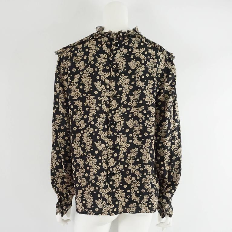 Valentino Black and Tan Floral Blouse with Cuff Links - L - 1980's at ...