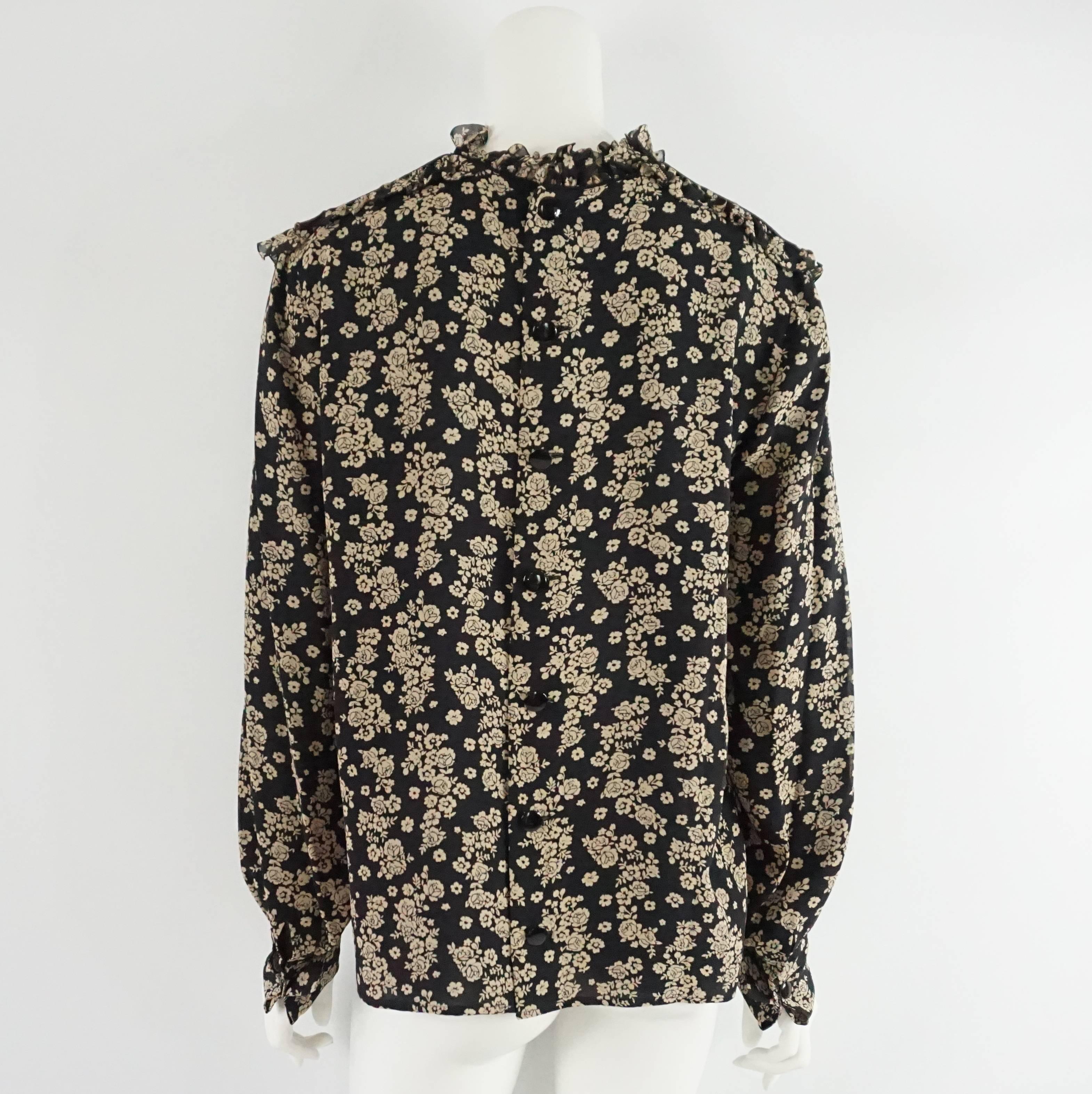 Valentino Black and Tan Floral Blouse with Cuff Links - L - 1980's  In Excellent Condition In West Palm Beach, FL