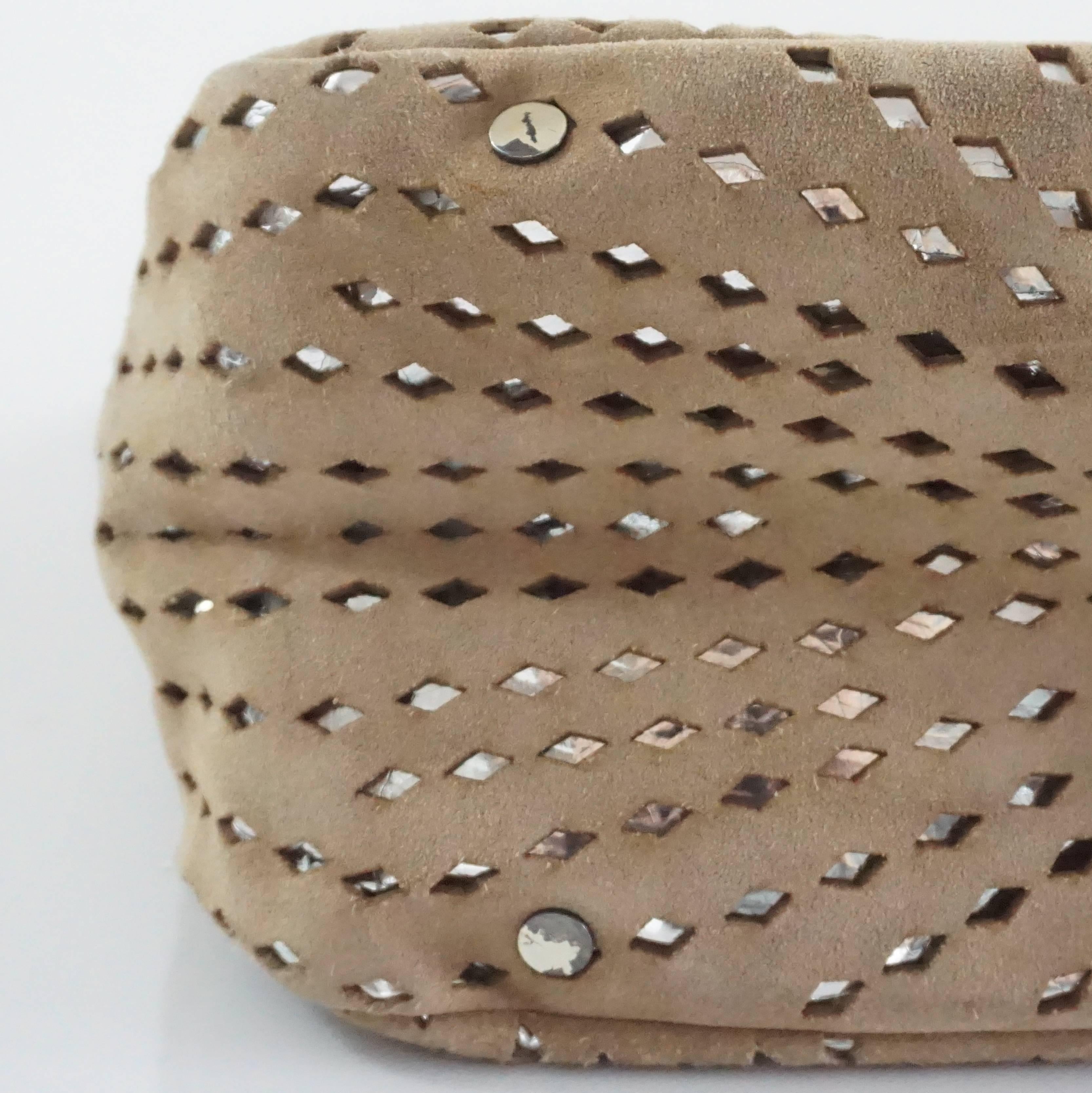 Jimmy Choo Tan and Silver Perforated Suede Shoulder Bag  In Good Condition For Sale In West Palm Beach, FL