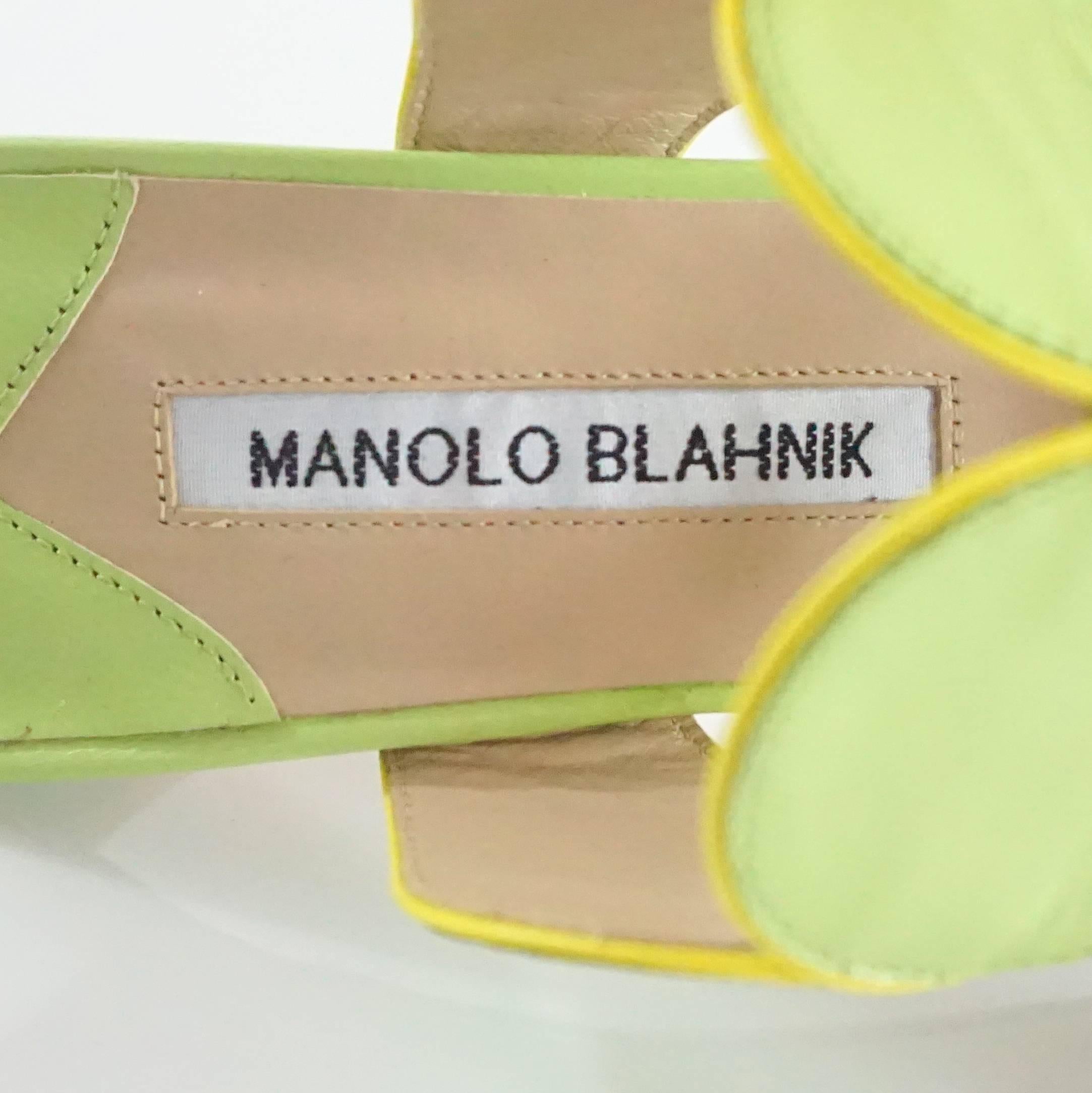 Manolo Blahnik Green Leather Double Strap Sandals - 37.5 1