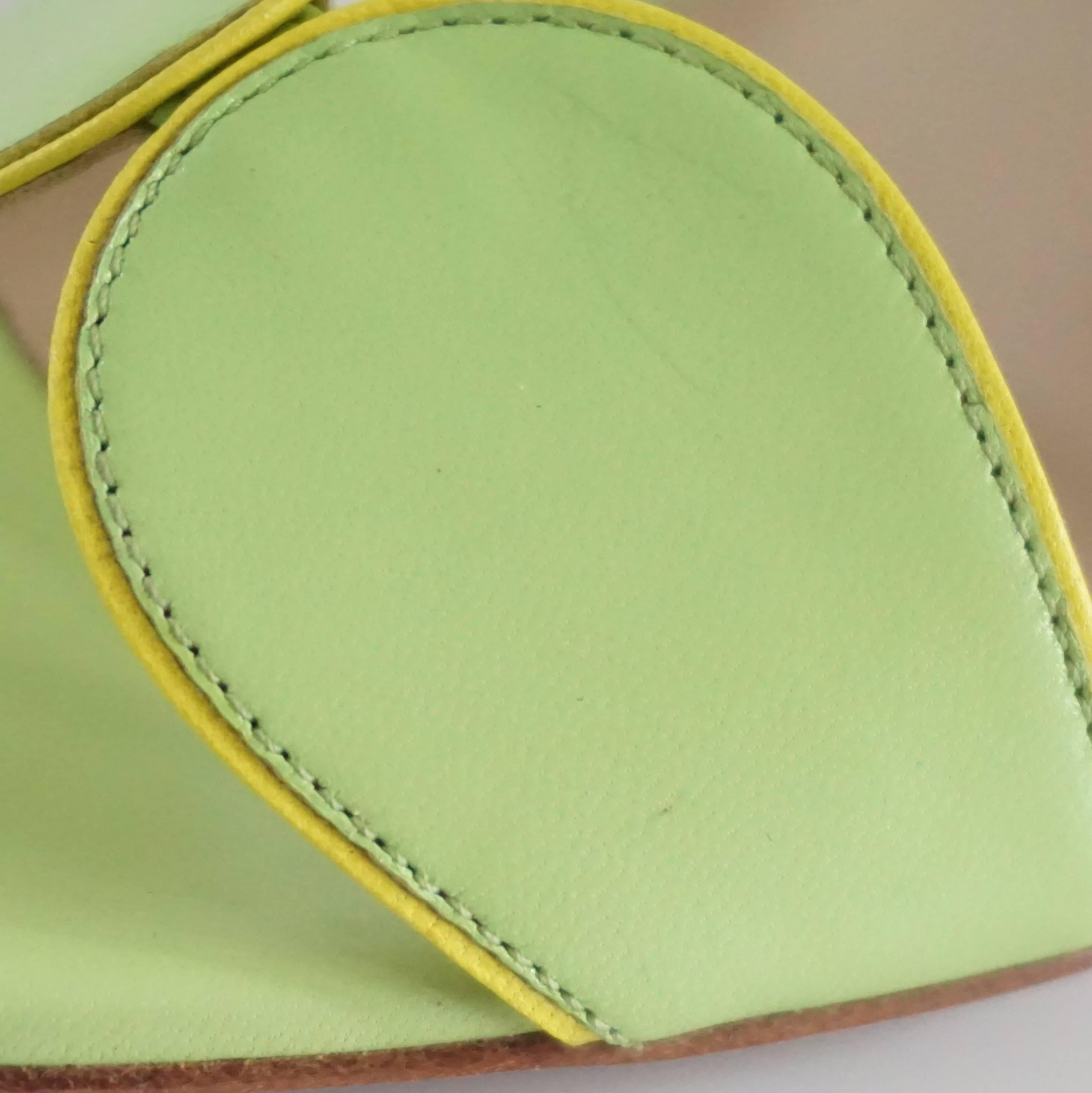 Manolo Blahnik Green Leather Double Strap Sandals - 37.5 4