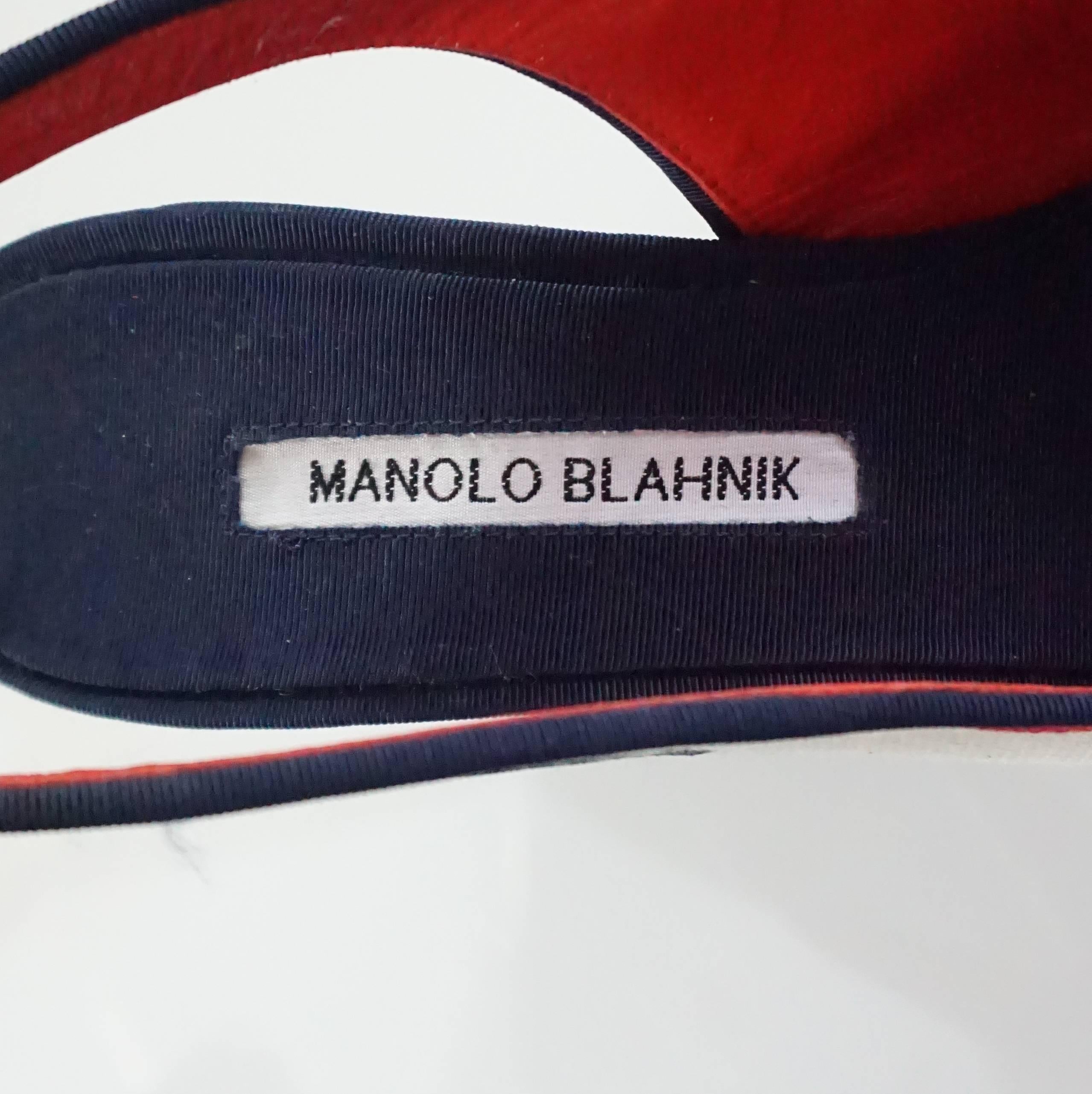 Women's Manolo Blahnik Cream and Red Polka Dot Navy Wedges, Size 37.5