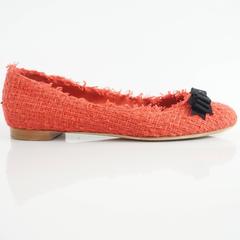 Chanel Red Tweed Flats with Black Bow and CC - 38.5