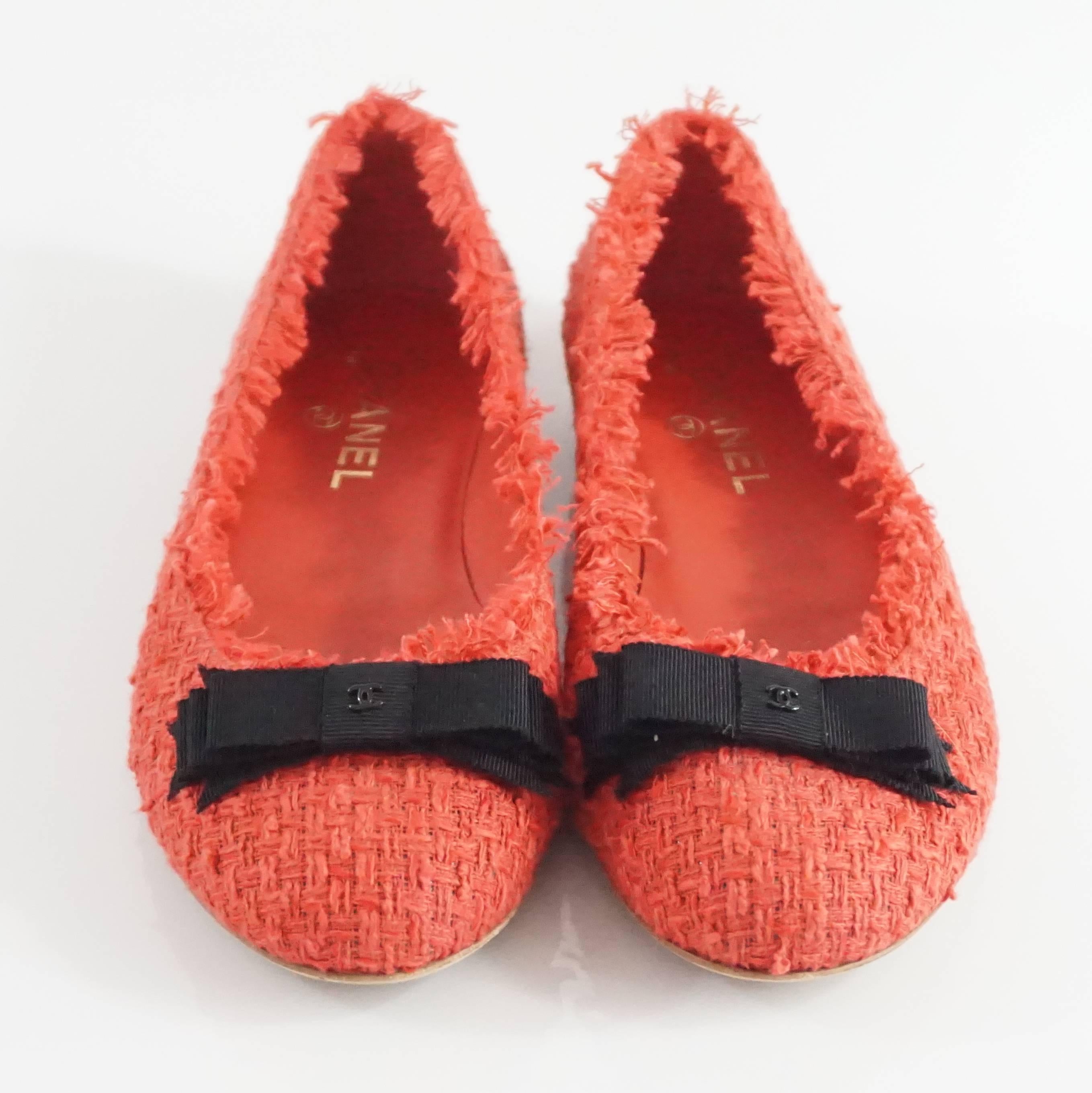 Orange Chanel Red Tweed Flats with Black Bow and CC - 38.5