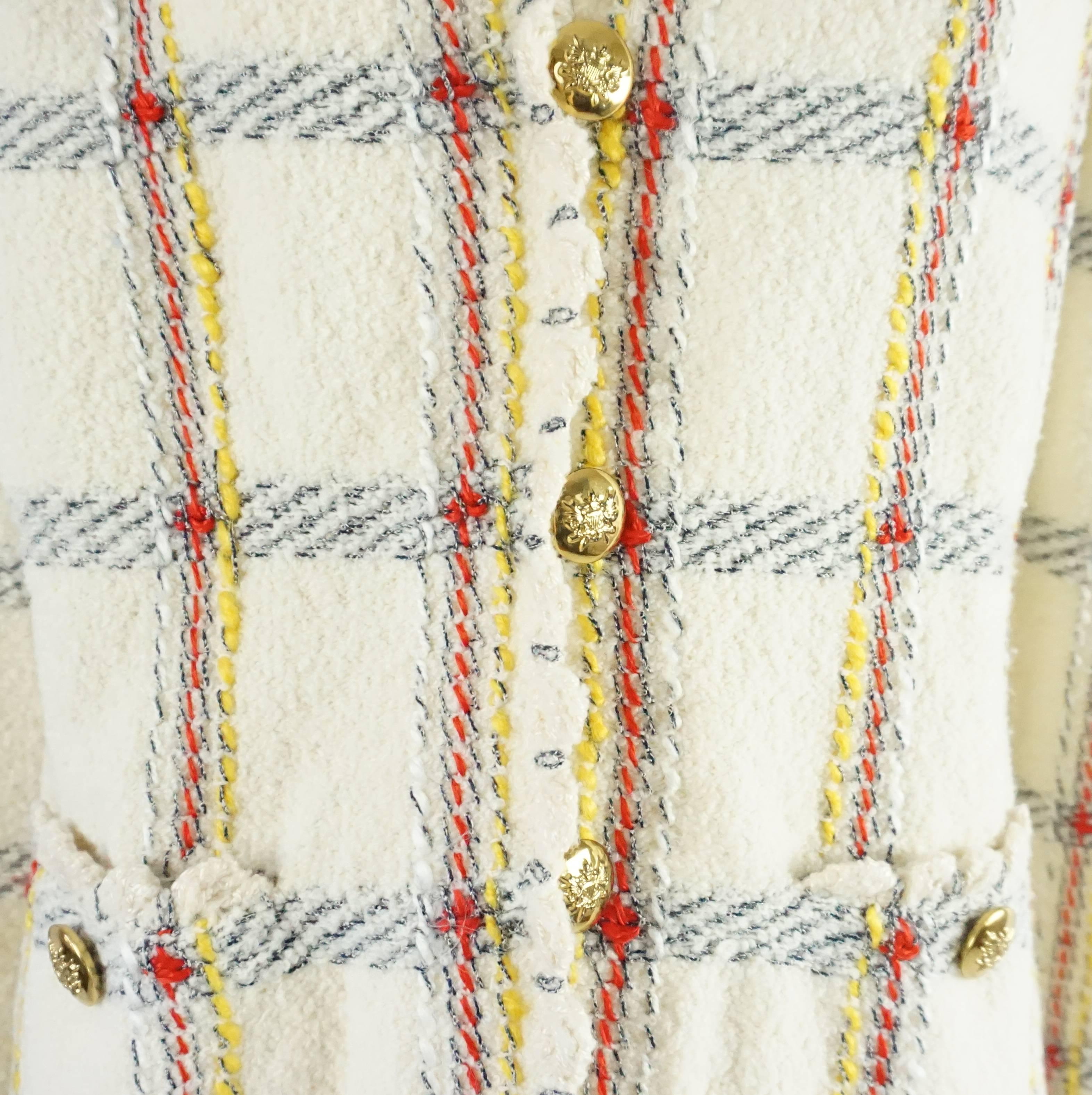 Adolfo Ivory and Multi Window Pane Knit Jacket - M  In Excellent Condition In West Palm Beach, FL