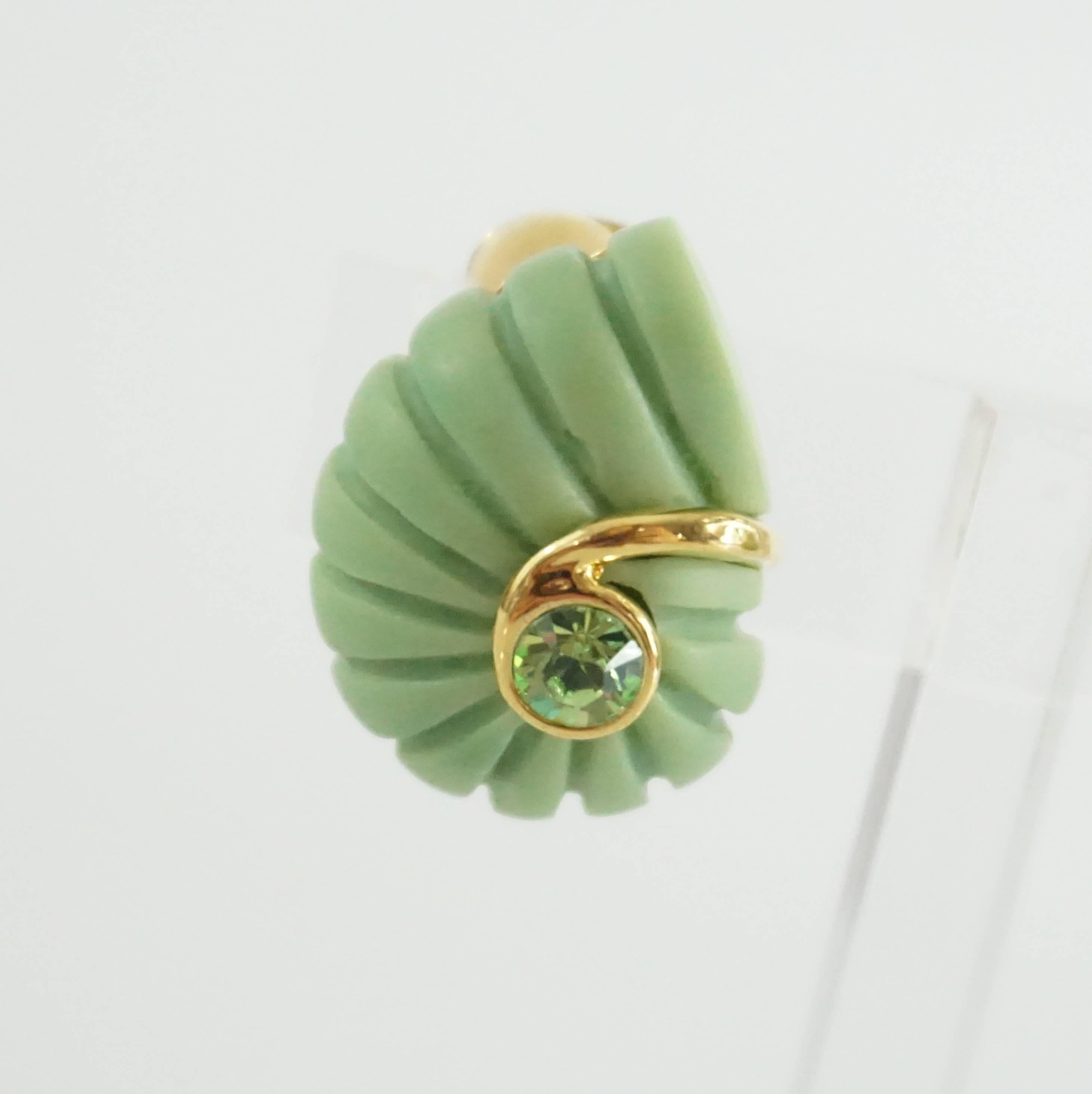 Women's Replica Green Spiral with Green Rhinestone and Gold Detailing Clip Earrings