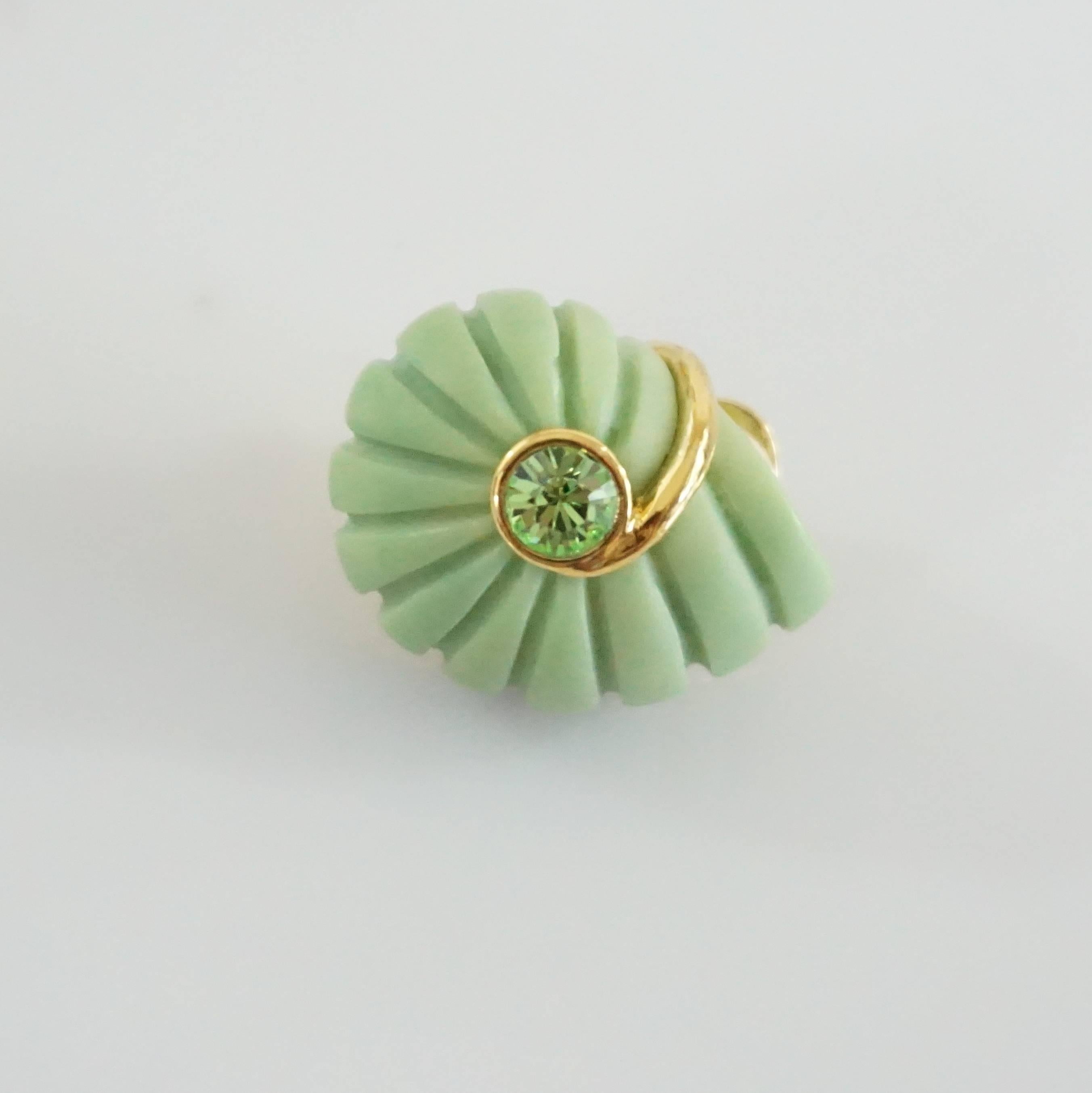 Replica Green Spiral with Green Rhinestone and Gold Detailing Clip Earrings 1