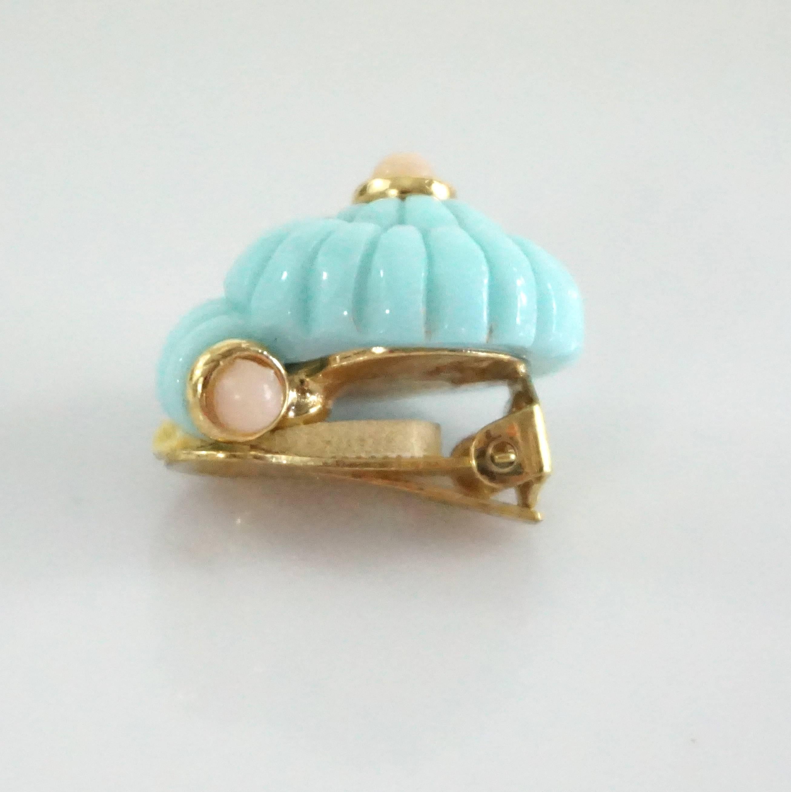Replica Light Blue Spiral with Light Pink Stones Clip Earrings In Excellent Condition In West Palm Beach, FL