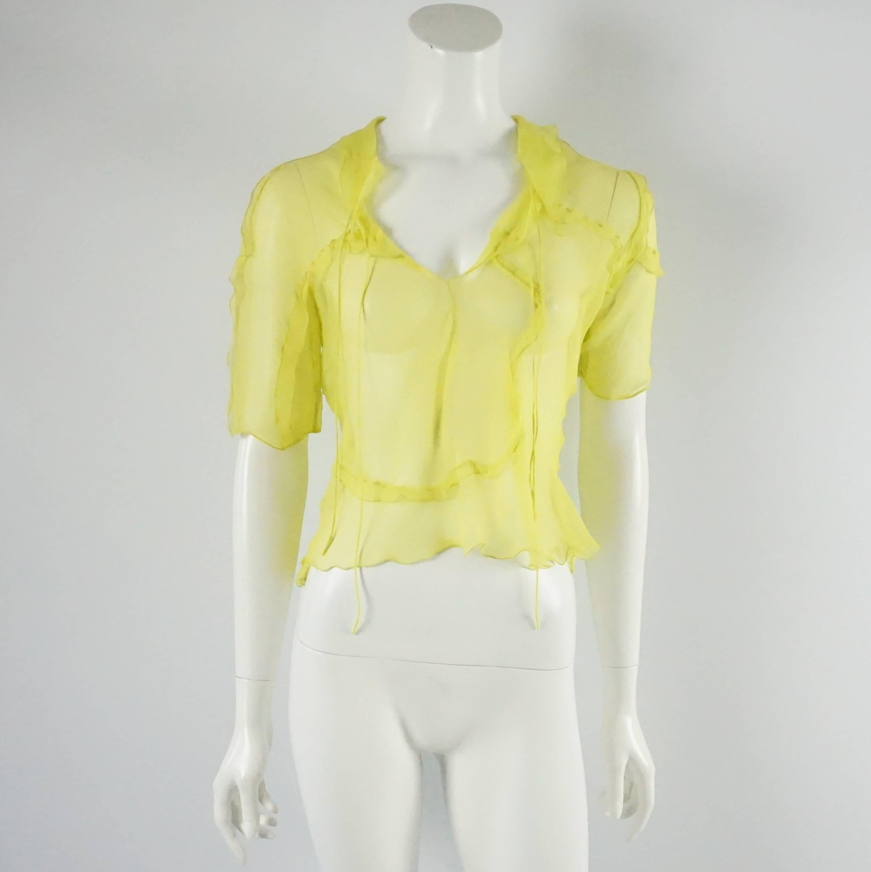 Women's Fendi Yellow Silk Chiffon Short Sleeve Top with Ruffles - S