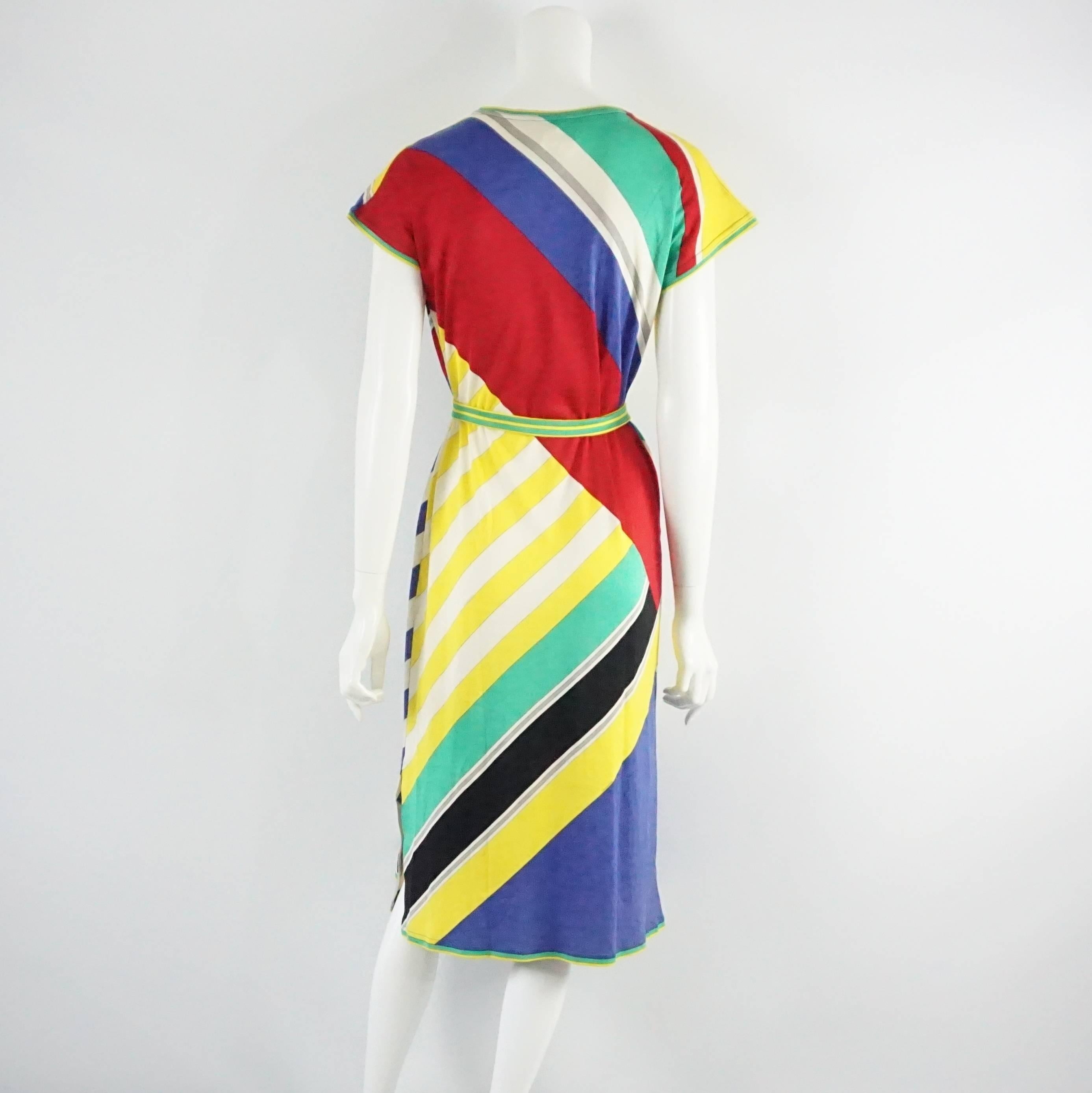 Beige Leonard Multi Geometric Print Cotton Dress with Belt - 40 - 1980's 