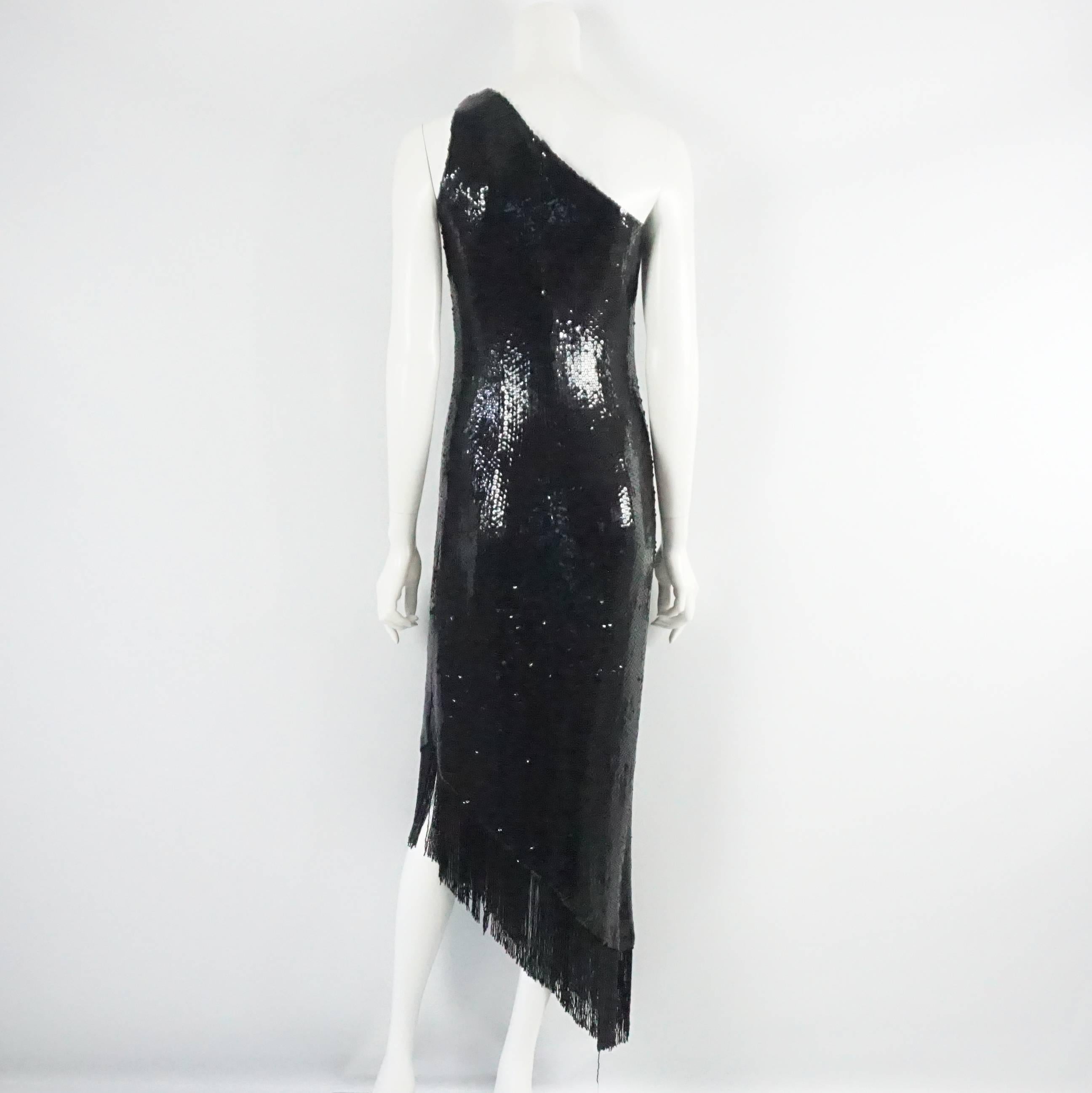 Bill Blass Black Sequin One Shoulder Gown with Beaded Fringe - M - 1970's In Excellent Condition In West Palm Beach, FL