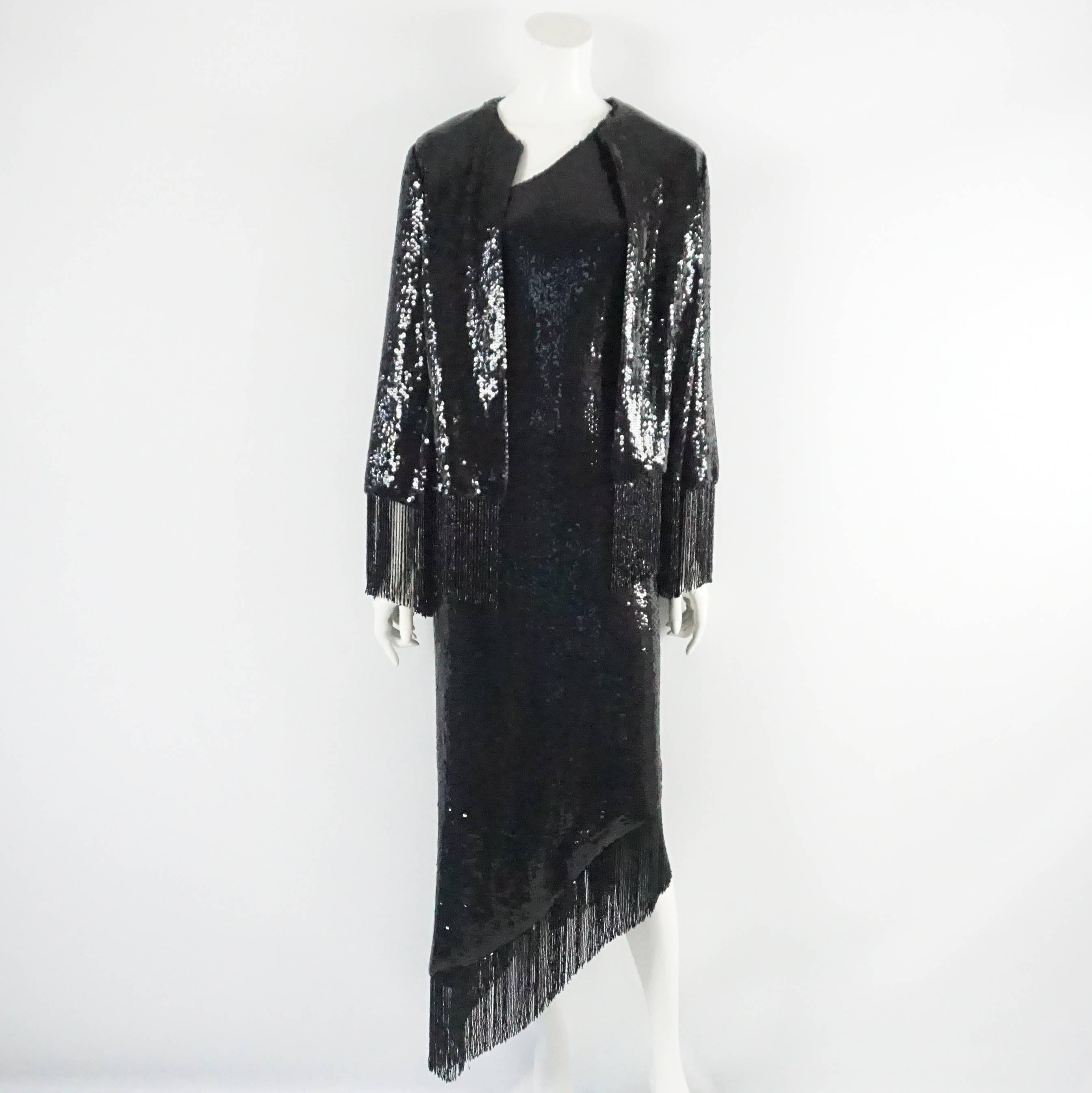 Women's Bill Blass Black Sequin One Shoulder Gown with Beaded Fringe - M - 1970's