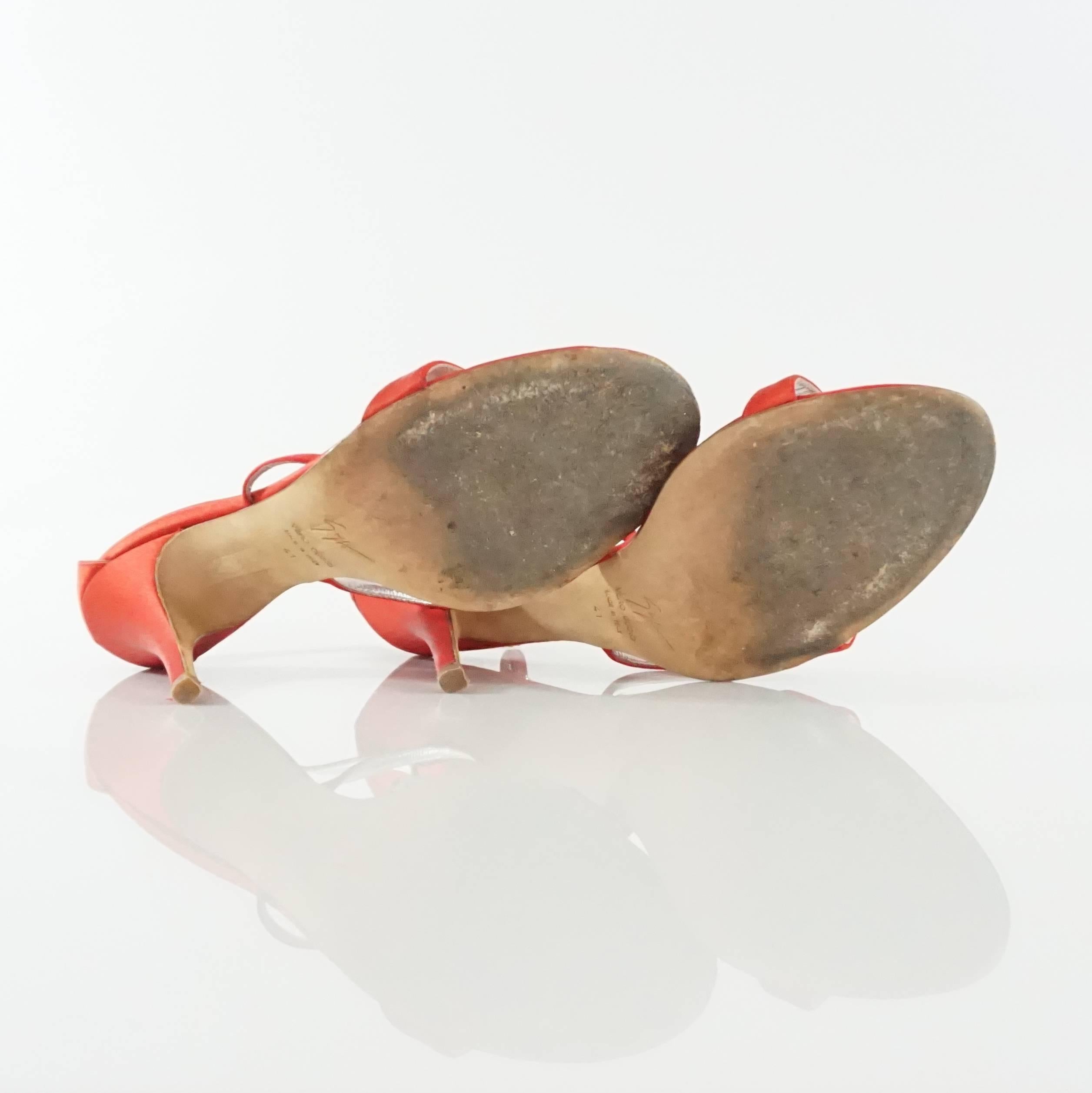 Orange Giuseppe Zanotti Red Satin Sandals with Rhinestones - 40