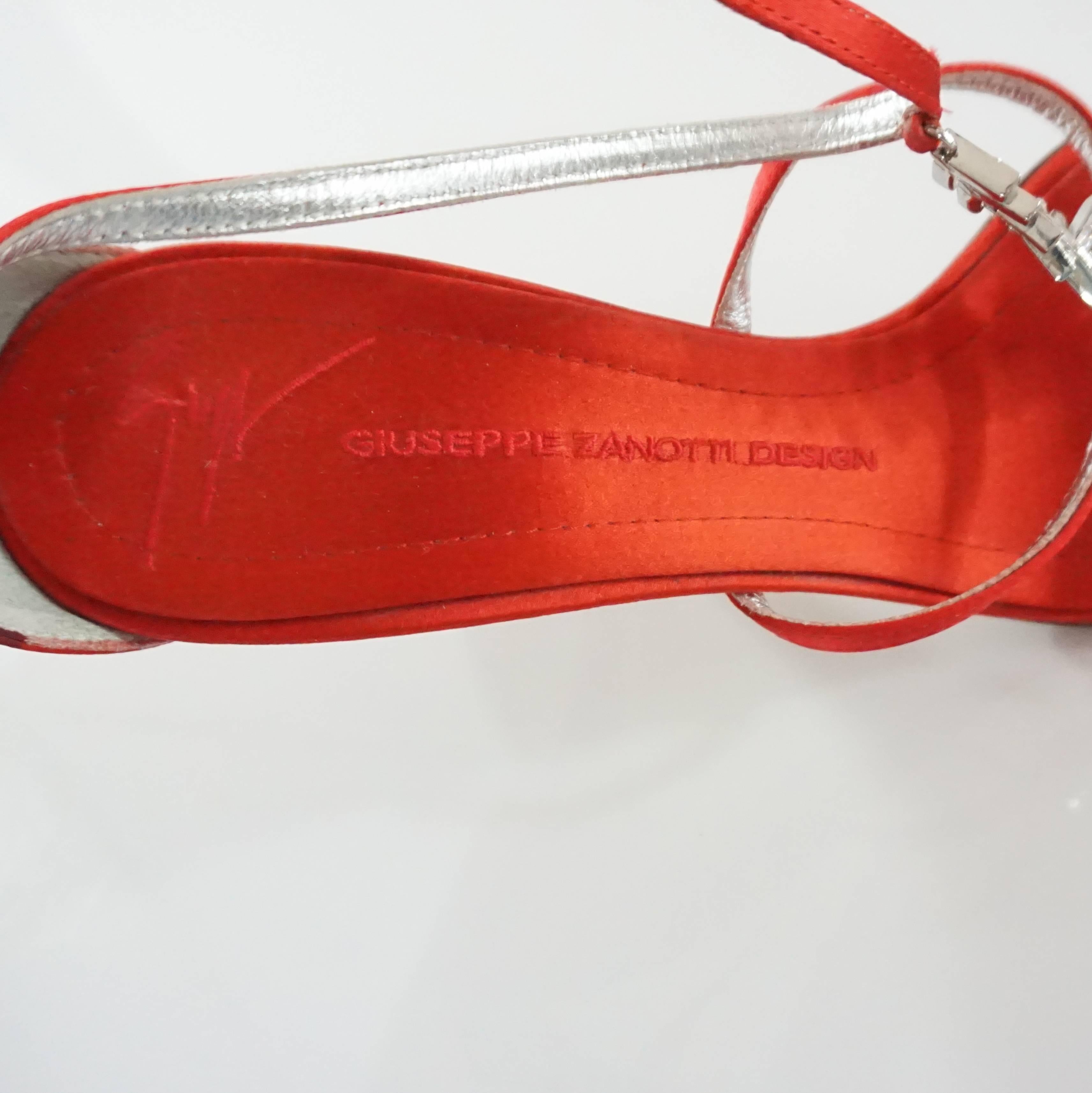 Giuseppe Zanotti Red Satin Sandals with Rhinestones - 40 In Excellent Condition In West Palm Beach, FL