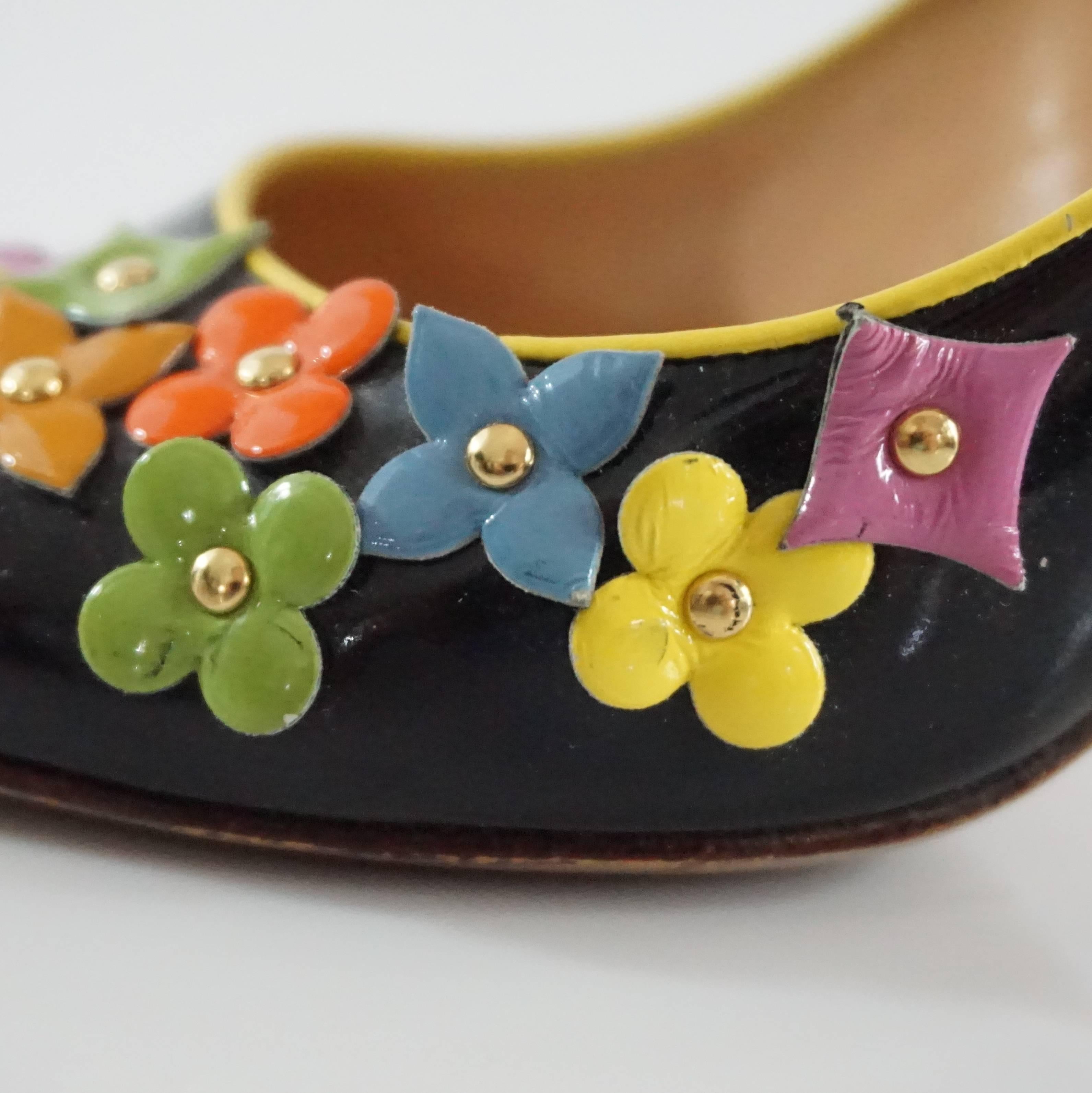 Louis Vuitton Black Patent Pumps with Multi Flowers - 36 2