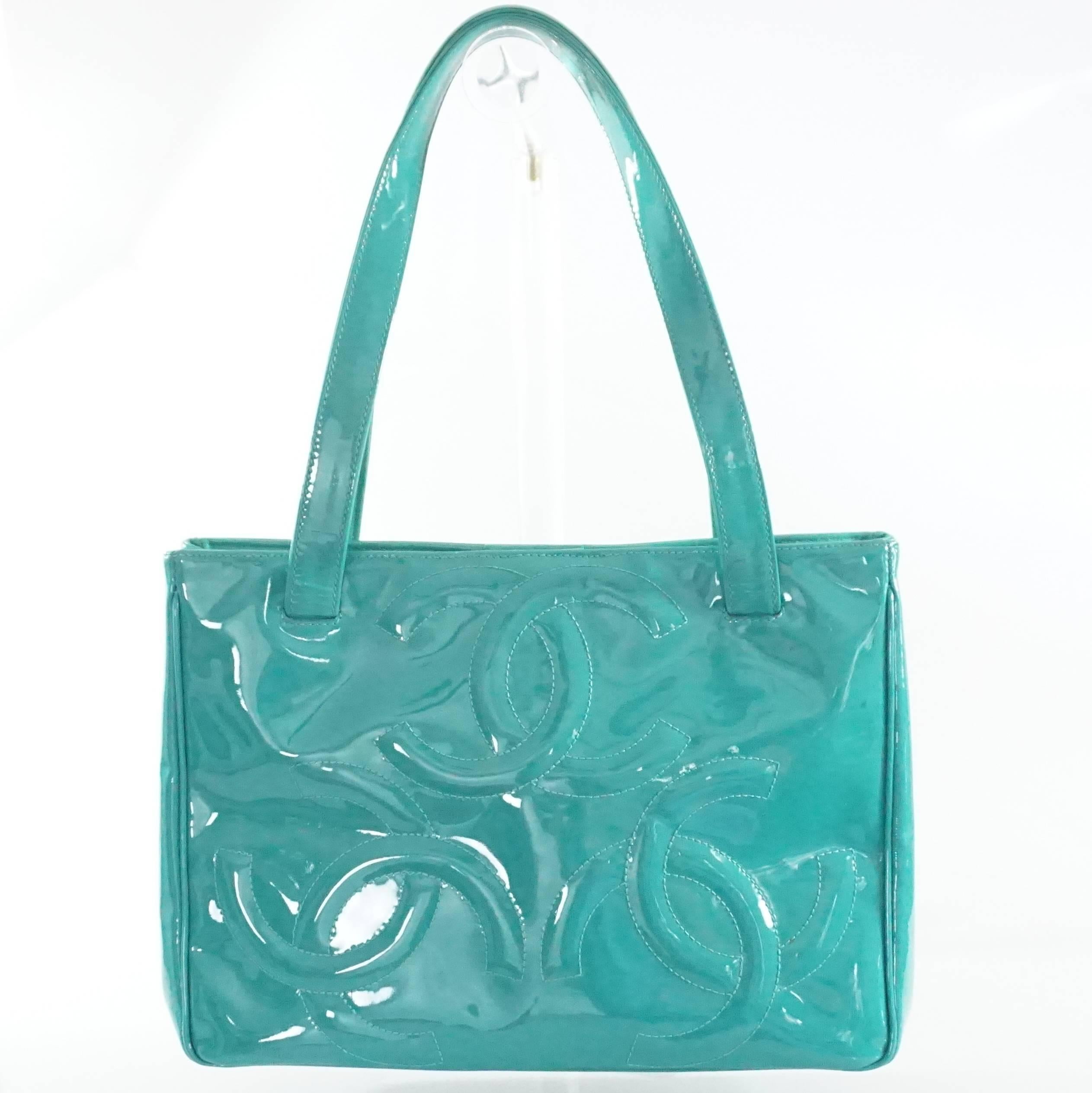 Blue Chanel Teal Patent Mini Tote with CC Logo - 2004-2005