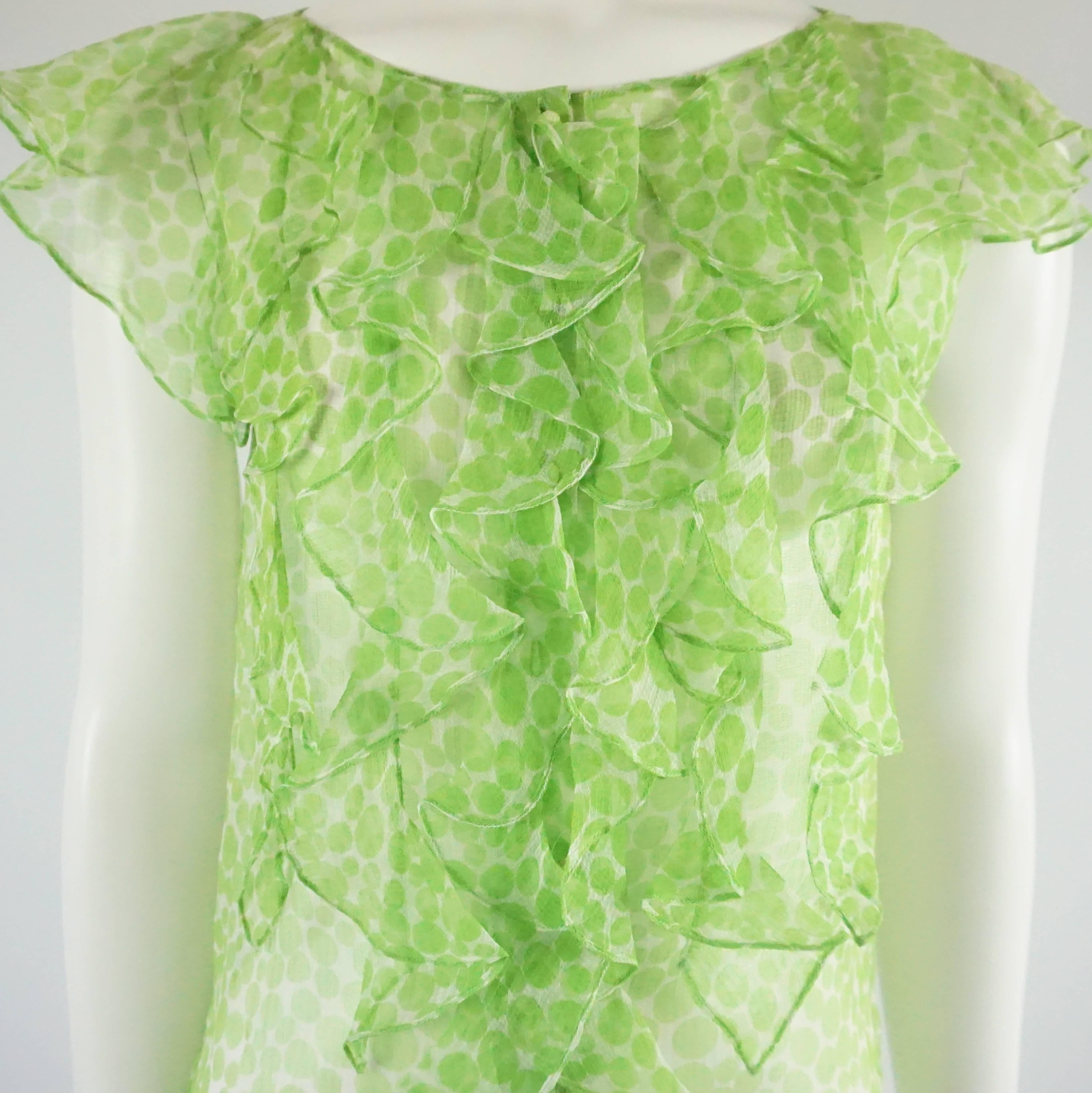 Women's Oscar de la Renta Green Print Silk Chiffon Ruffle Top - 4