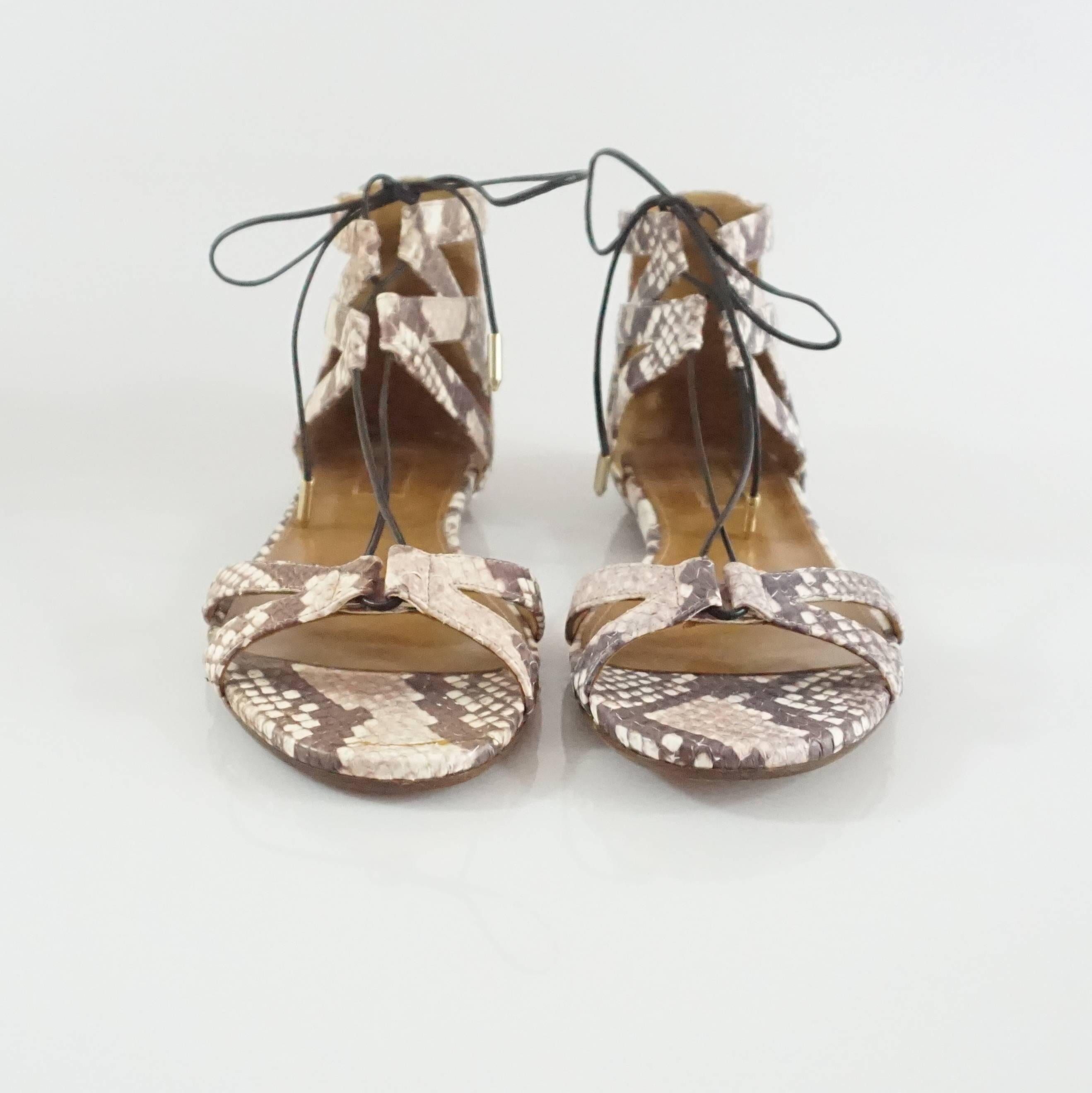 Brown Aquazzura Ivory Snake Print Tie-Up Sandals – 38