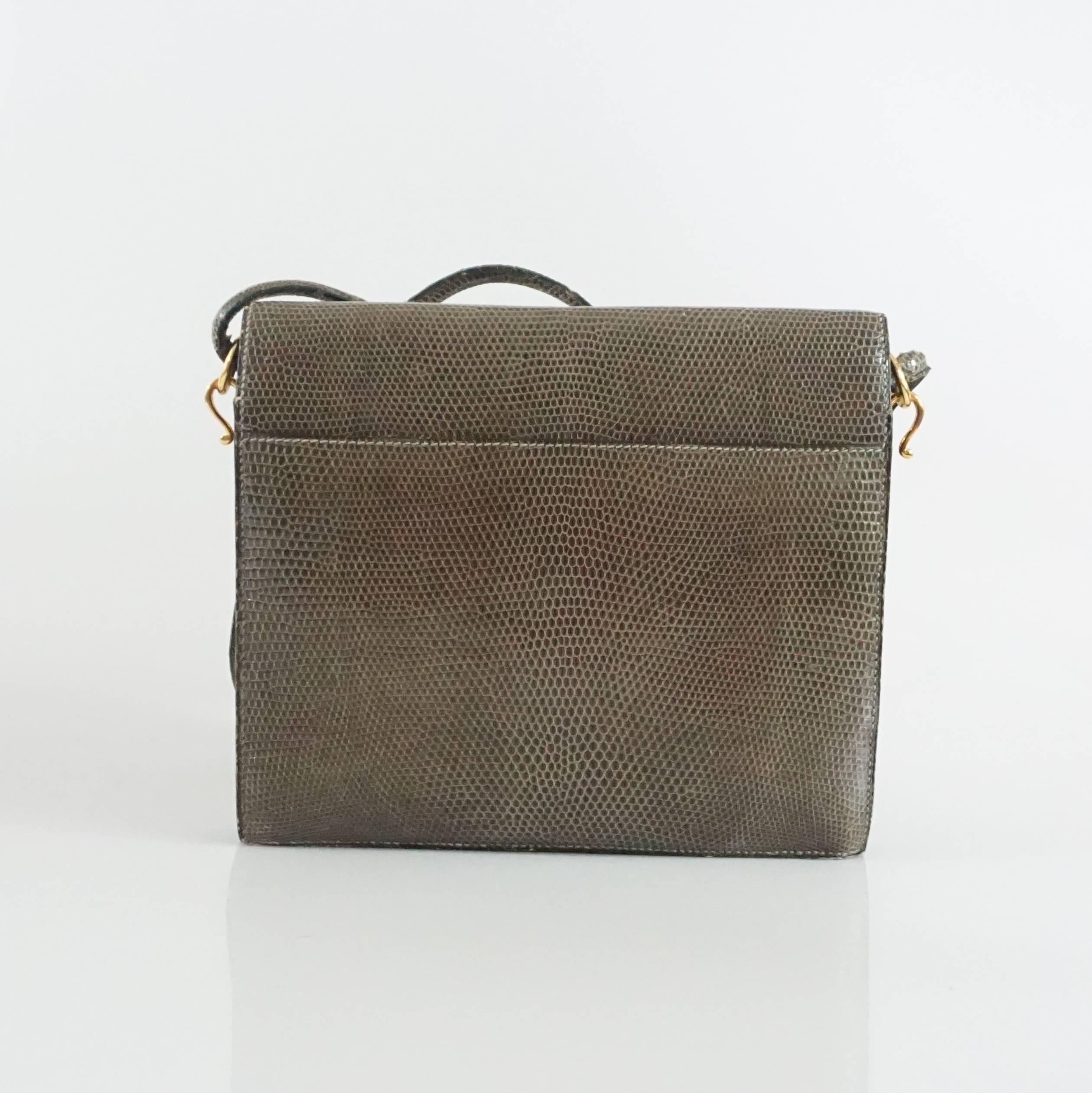 Gray Hermes Olive Lizard Sequana Handbag - GHW - 1970's 
