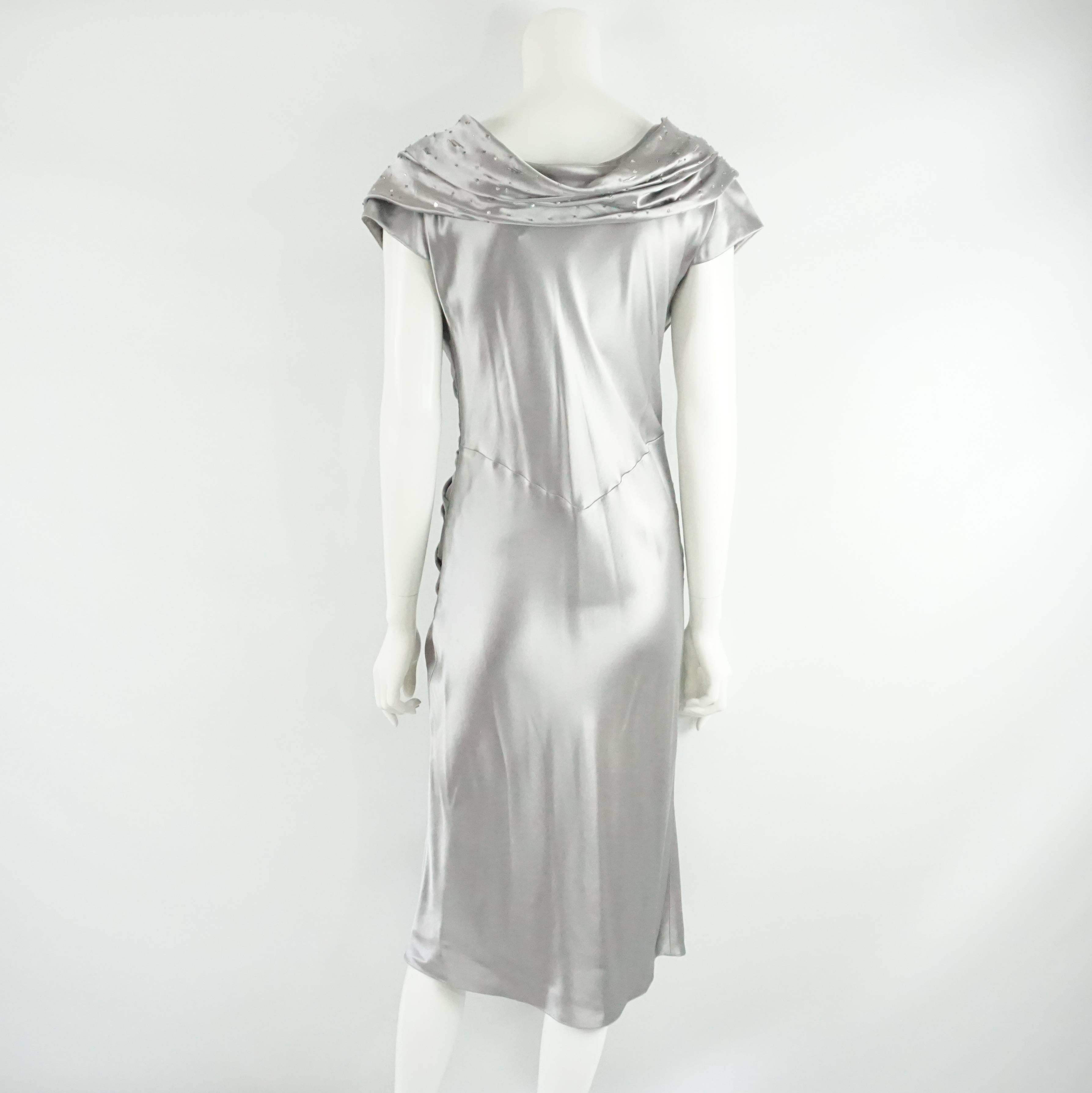 Christian Dior Silver Satin Ruched Beaded Dress - 46 In Good Condition In West Palm Beach, FL