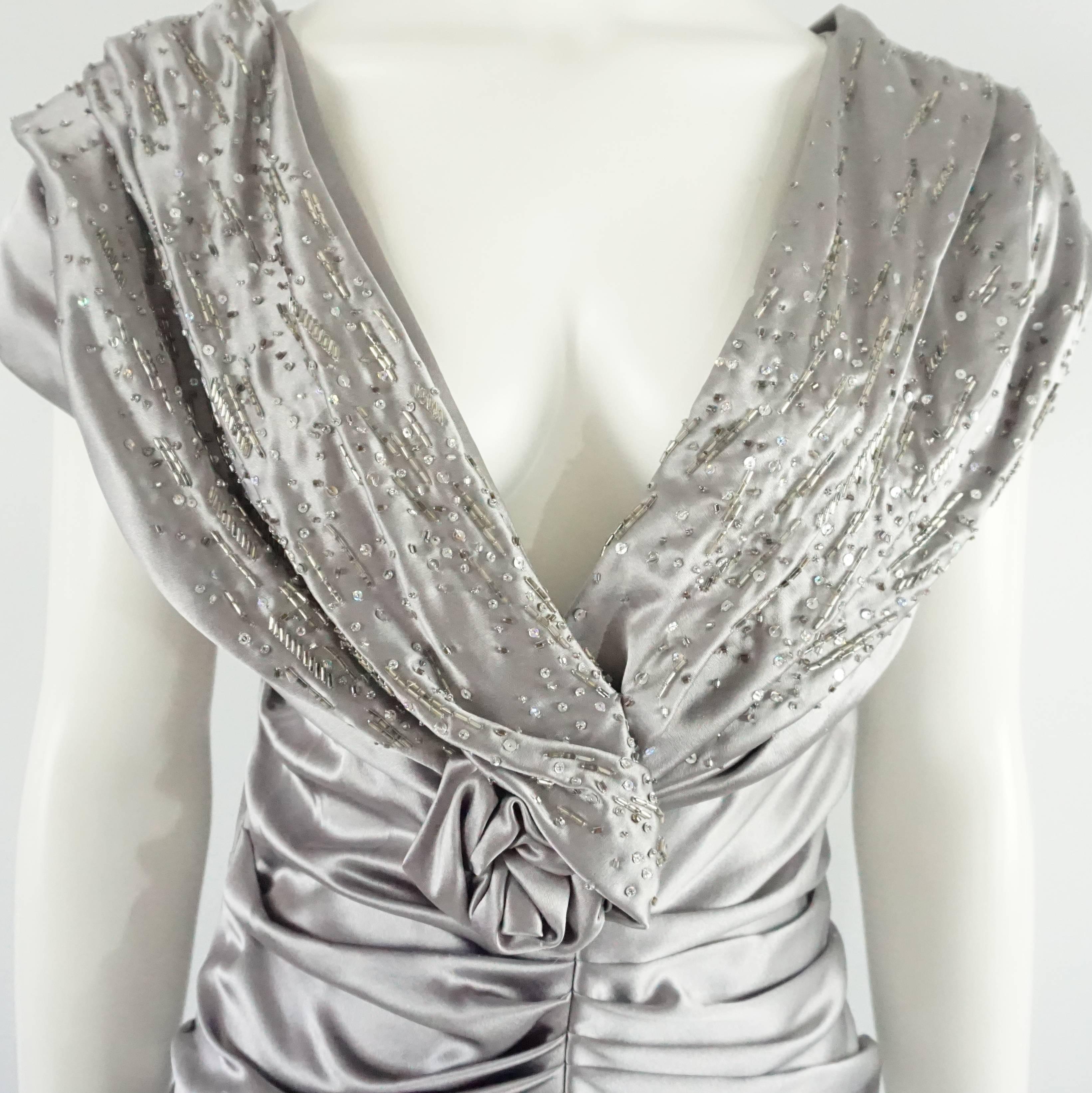 Women's Christian Dior Silver Satin Ruched Beaded Dress - 46