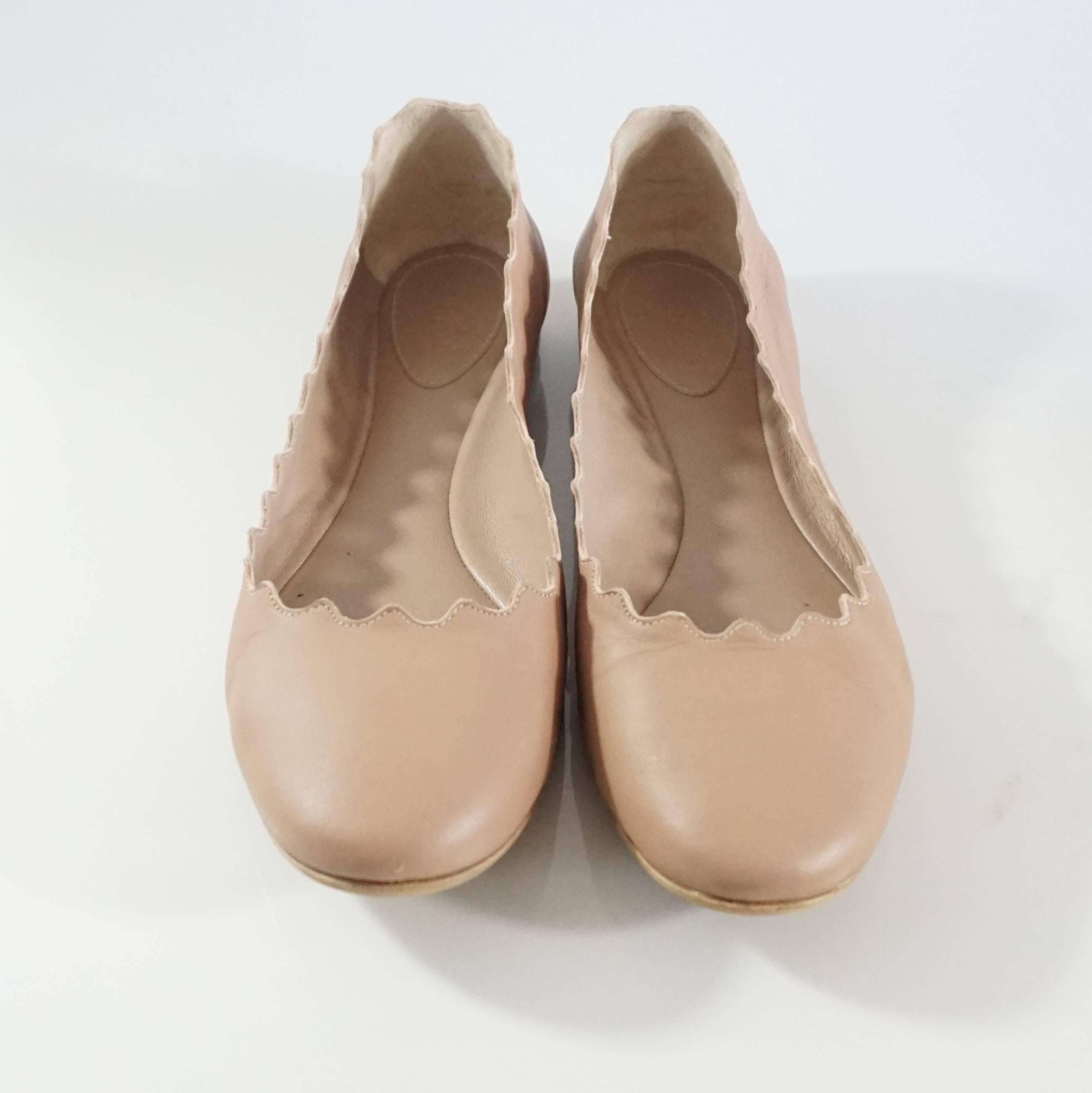 Brown Chloe Dusty Rose Leather Scalloped Flats – 39