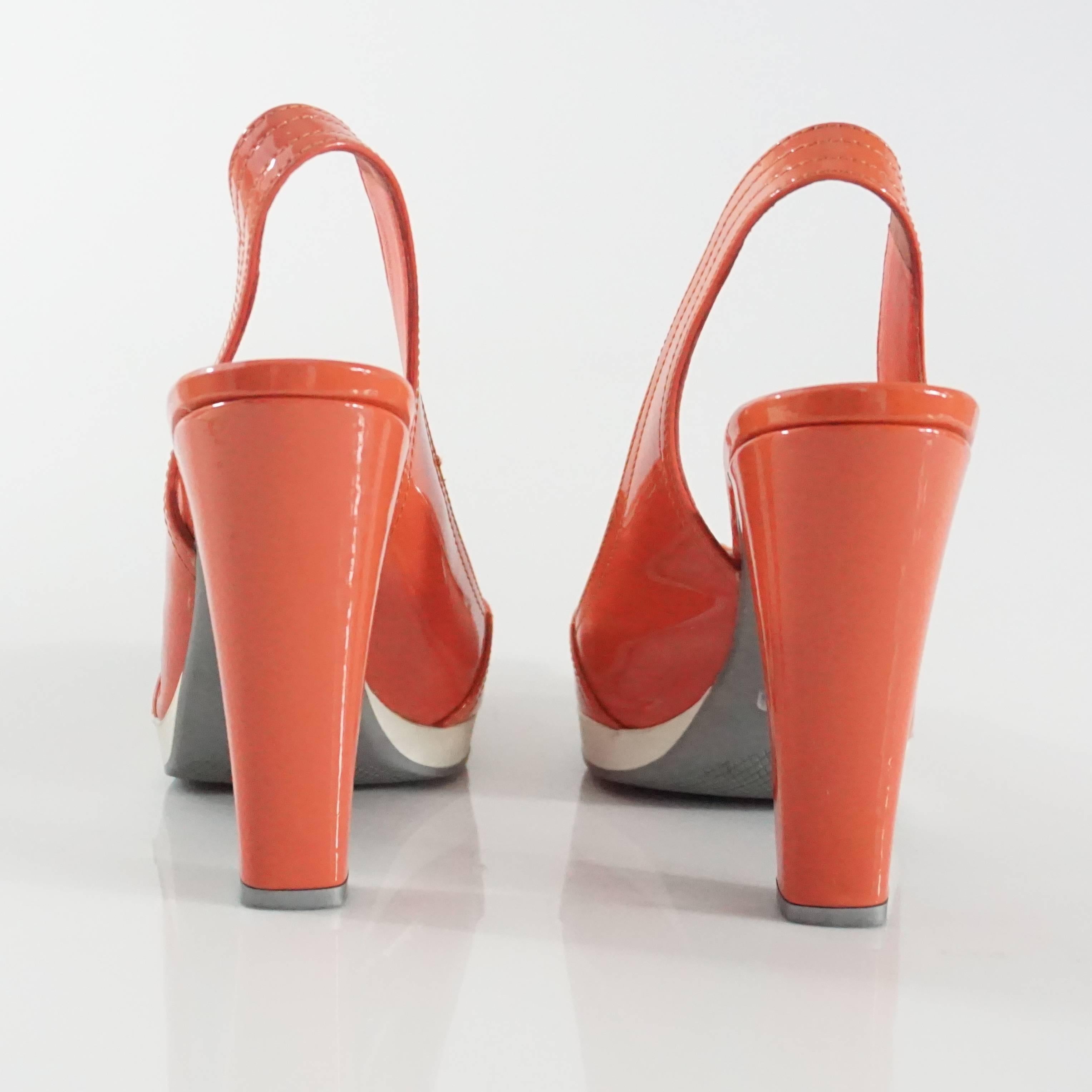 Prada Coral Patent Slingbacks with Buckle - 37.5 In Excellent Condition In West Palm Beach, FL