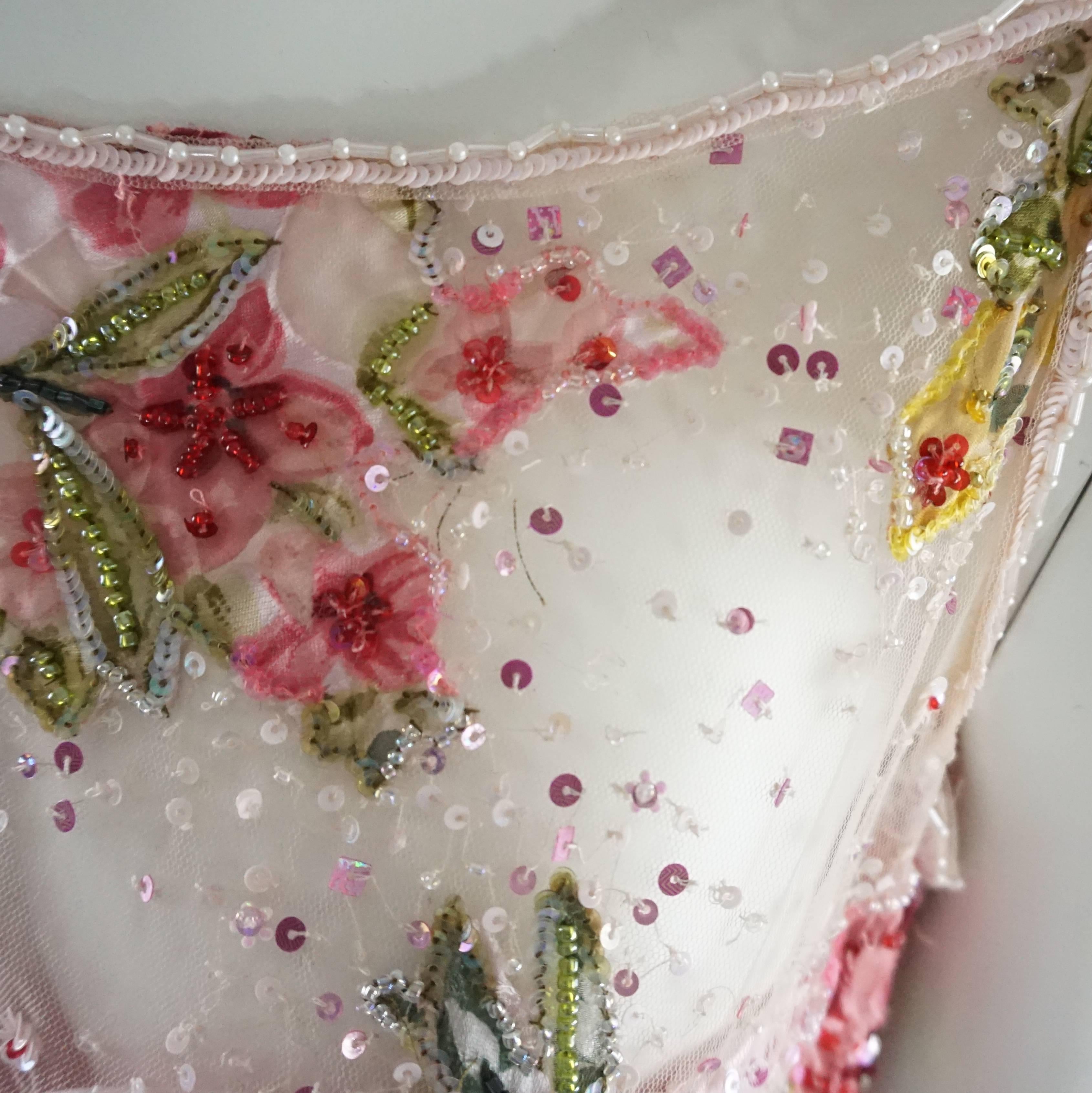 Bellville Sassoon Pink Silk Floral Beaded Sleeveless Gown - 10 In Good Condition For Sale In West Palm Beach, FL