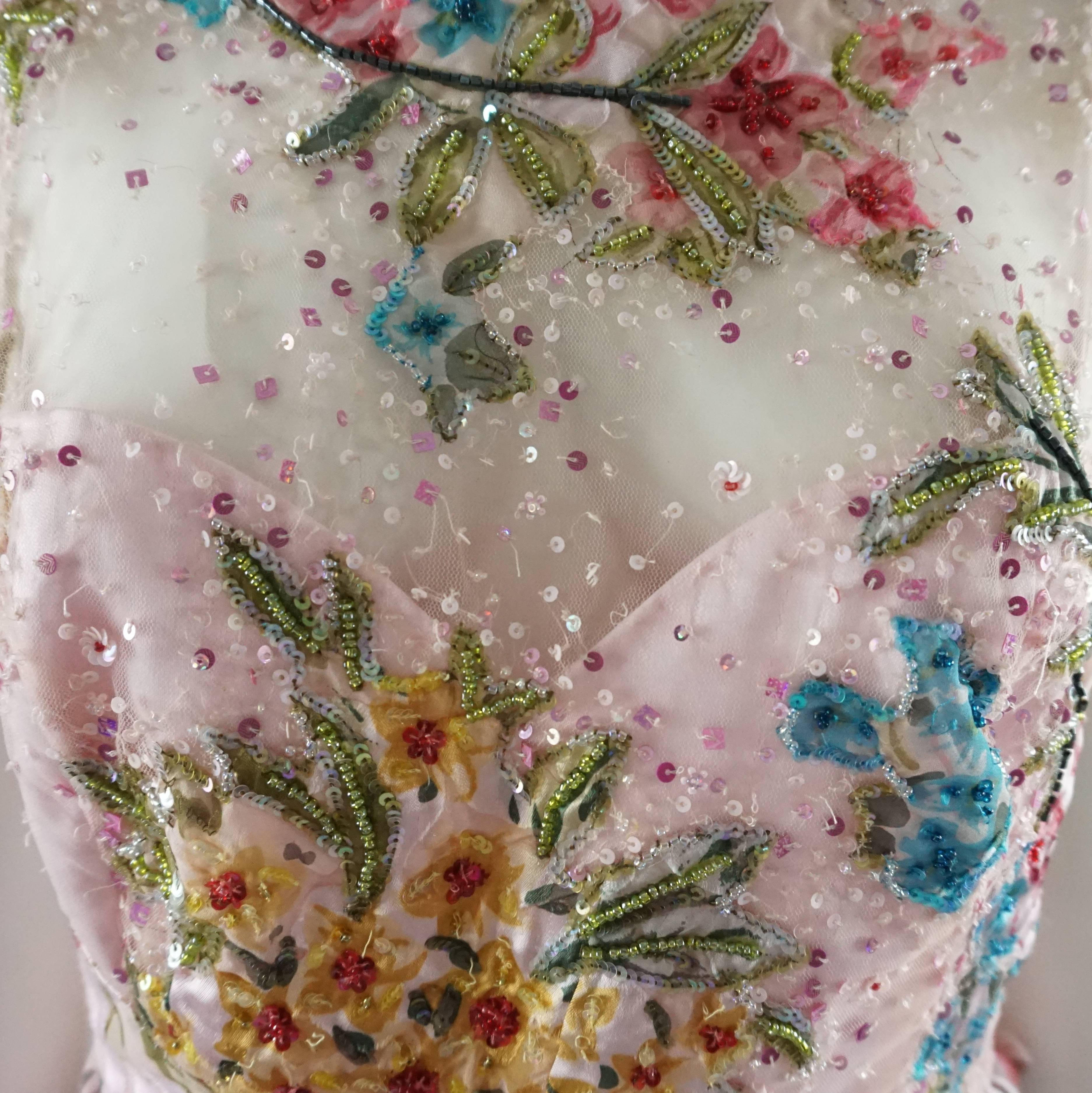 Bellville Sassoon Vestido sin mangas de seda rosa con cuentas florales - 10 en venta 1