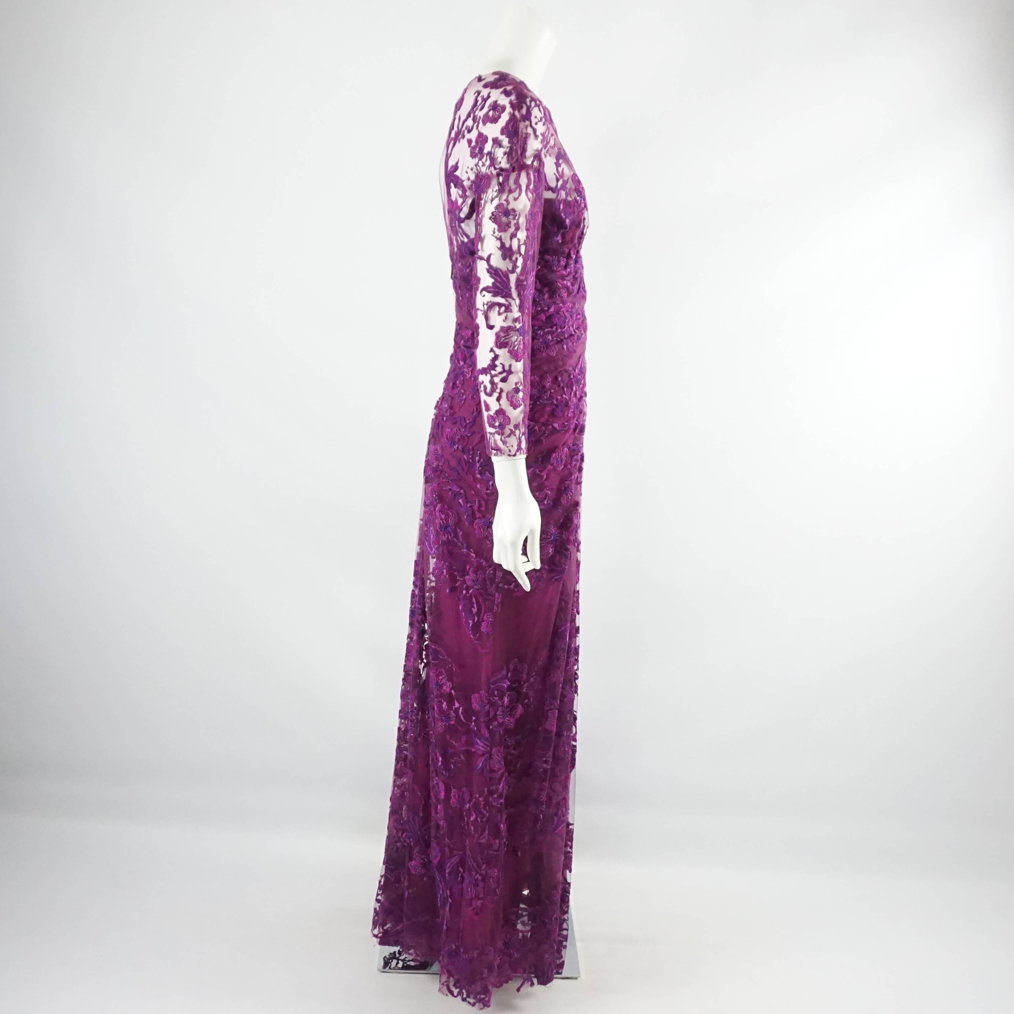 Monique Lhuillier Purple Lace Long Sleeve Gown - 10. This Monique Lhuillier gown is long sleeved and covered in lace. It is various shades of purple and is fitted through the bodice and then flows out. This gown is in excellent condition. Size