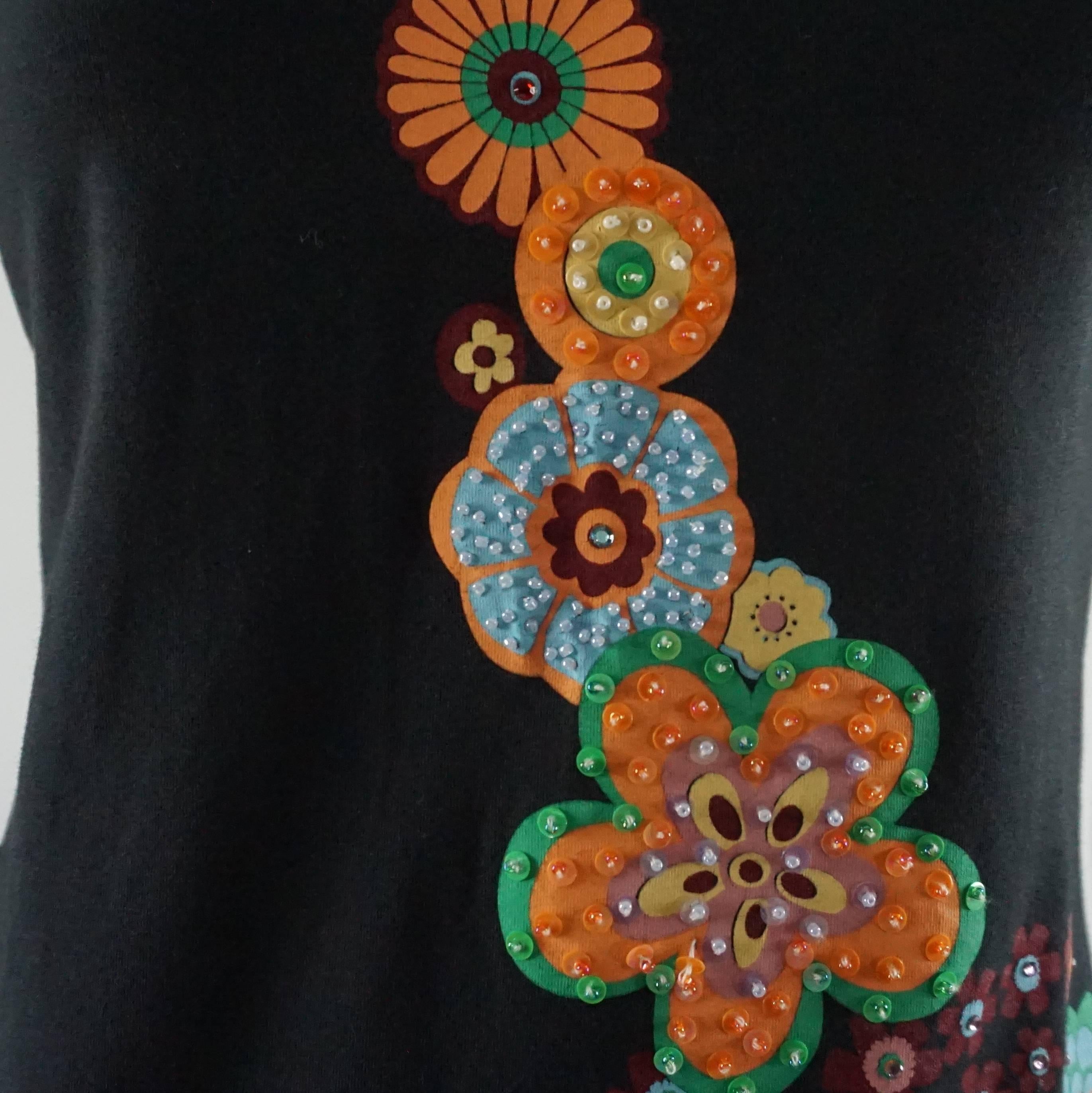 Women's or Men's Moschino Jeans Black Cotton and Floral Painted and Beaded Vintage T-Shirt - 10